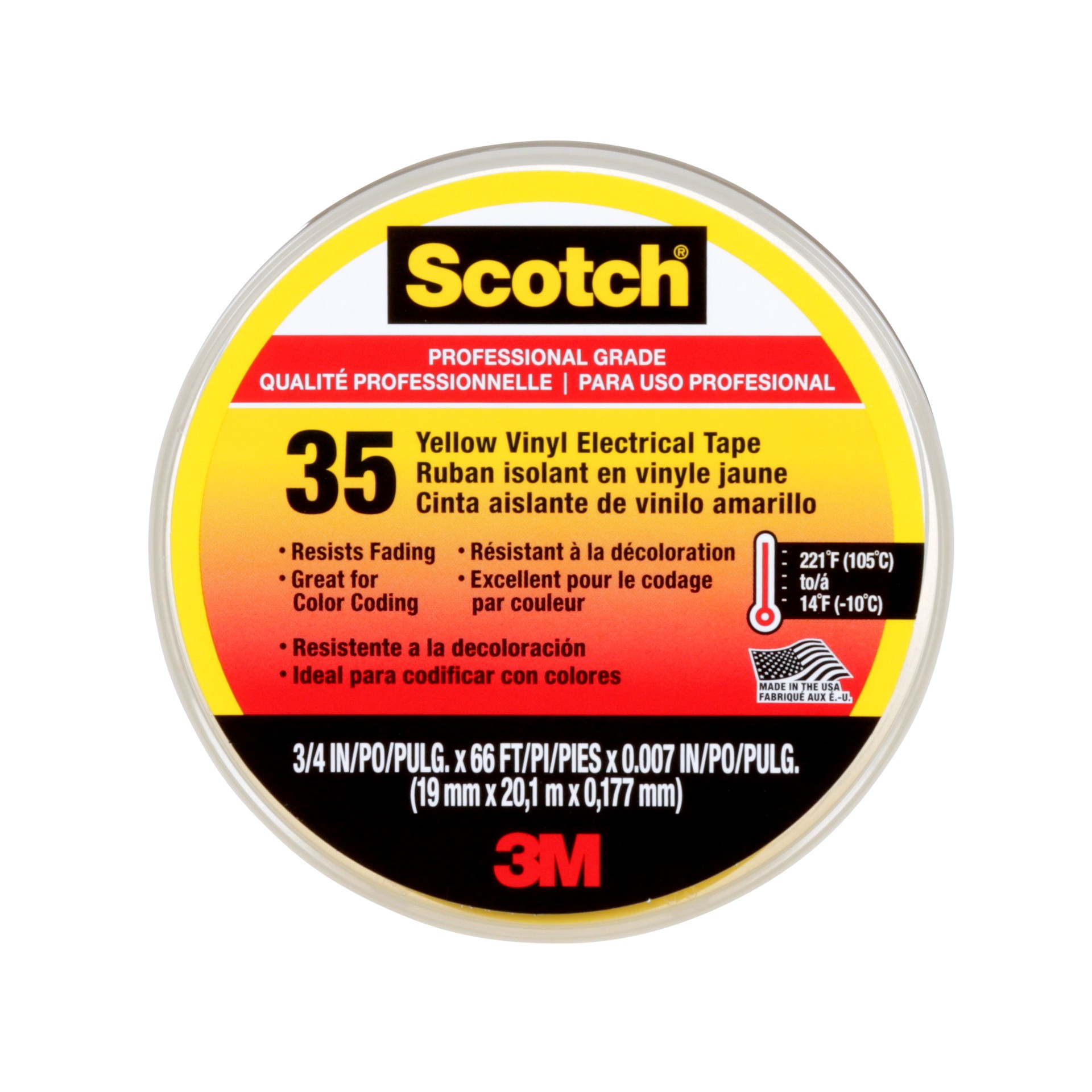 Scotch® 35 Vinyl Electrical Tape 10844-DL-5, Professional Grade, Yellow, 0.75 in x 66 ft, 1 Roll/Pack
