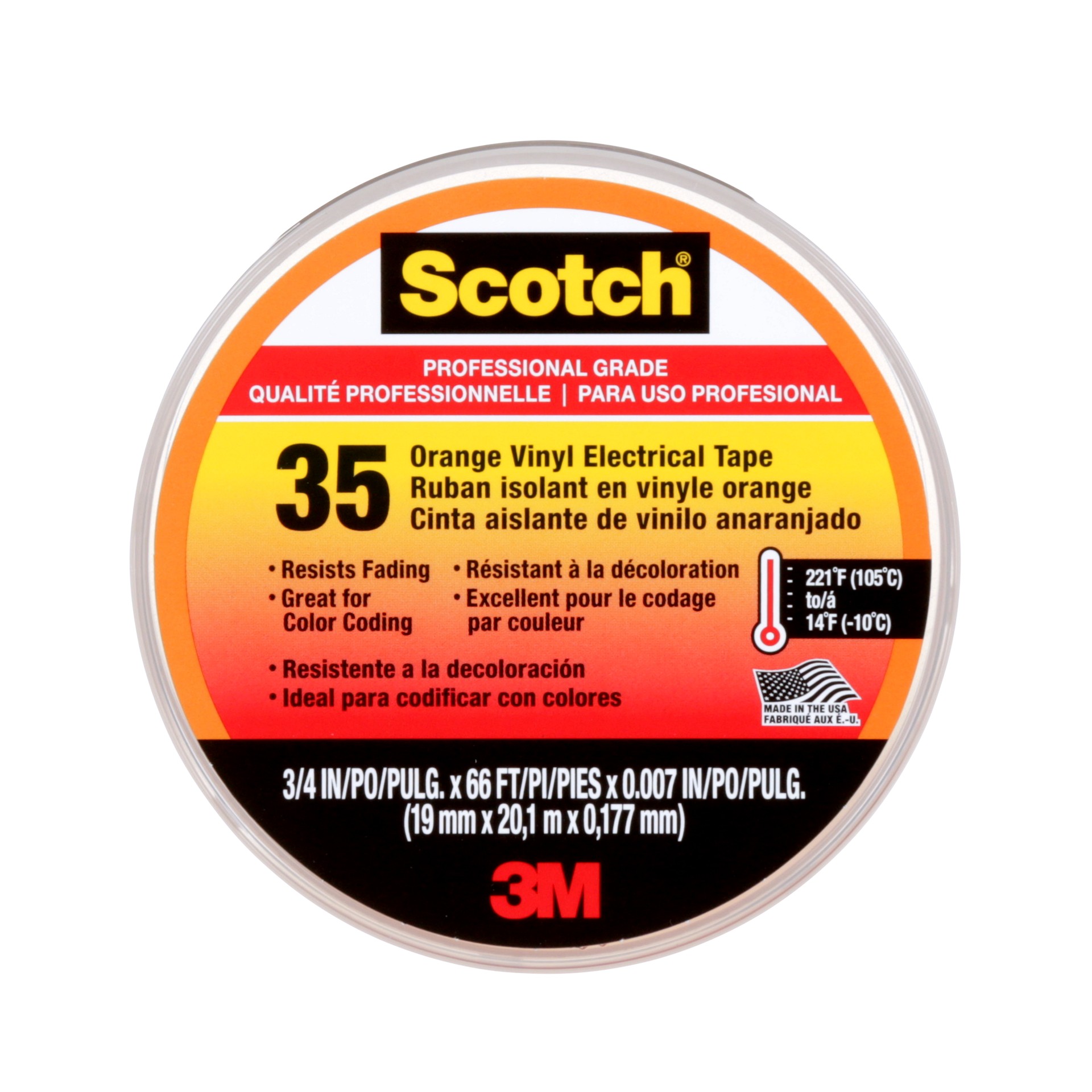 Scotch® 35 Vinyl Electrical Tape 10869-DL-5, Professional Grade, Orange, 0.75 in x 66 ft, 1 Roll/Pack
