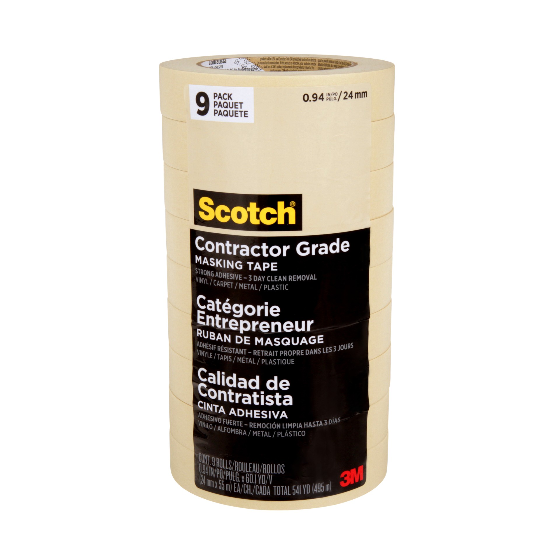Ruban de masquage de qualité entrepreneur Scotch®, 2020-24AP9, 24 mm x 55 m (0,94 po x 60,1 v), 9 rouleaux/paquet