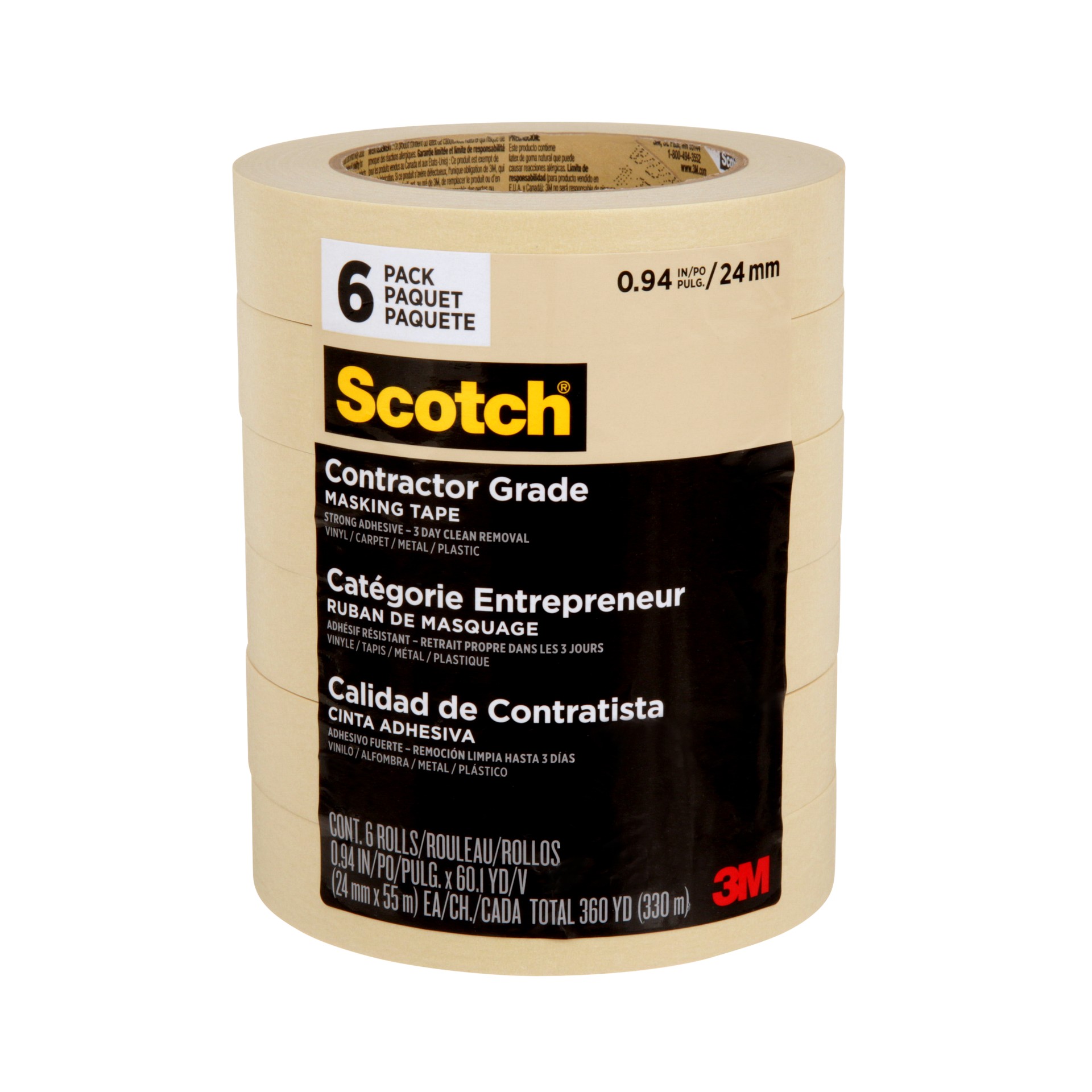 Ruban de masquage de qualité entrepreneur Scotch®, 2020-24EP6, 24 mm x 55 m (0,94 po x 60,1 v), 6 rouleaux/paquet