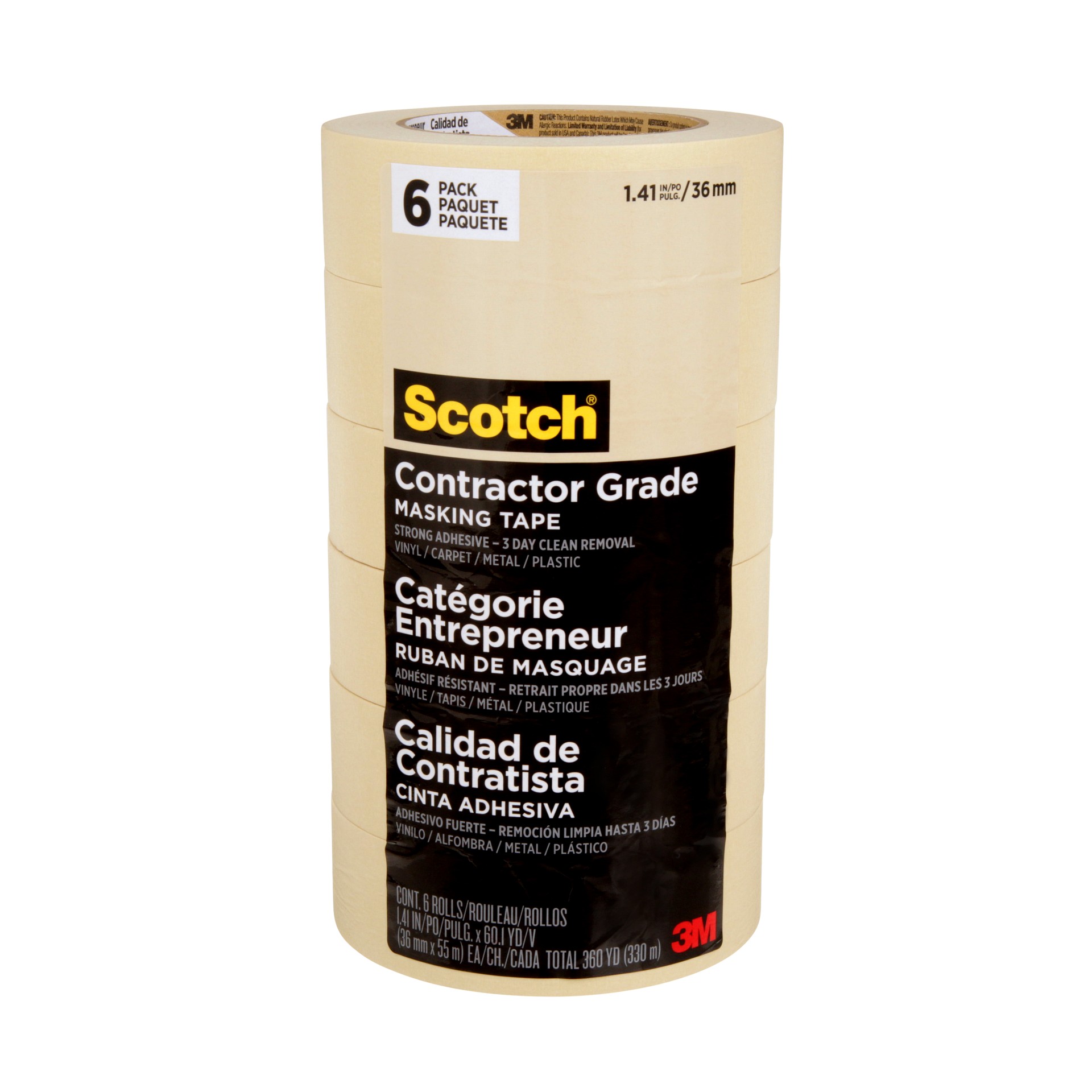 Ruban de masquage de qualité entrepreneur Scotch®, 2020-36AP6, 36 mm x 55 m (1,41 po x 60,1 v), 6 rouleaux/paquet