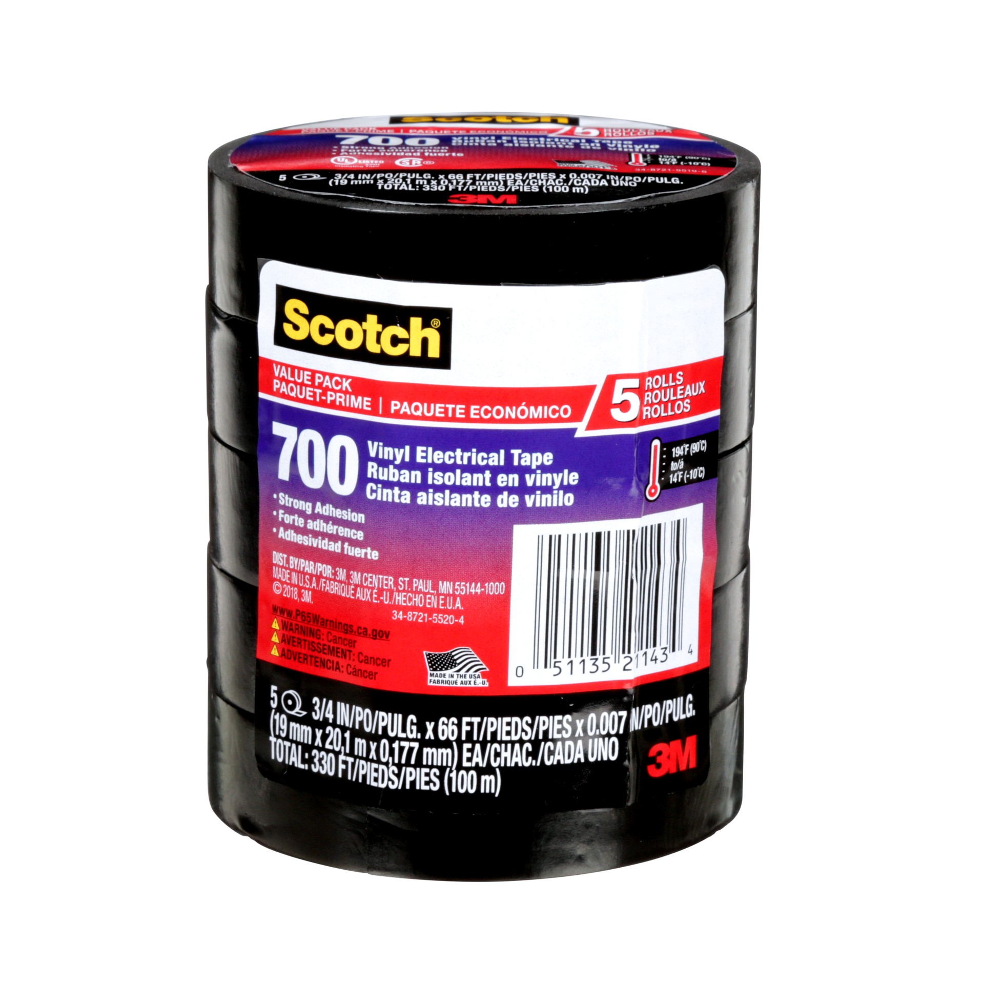 Ruban électrique en vinyle Scotch® 700 24413-BA-6, noir, 0,75 po x 66 pi, 5 rouleaux/paquet, paquet économique