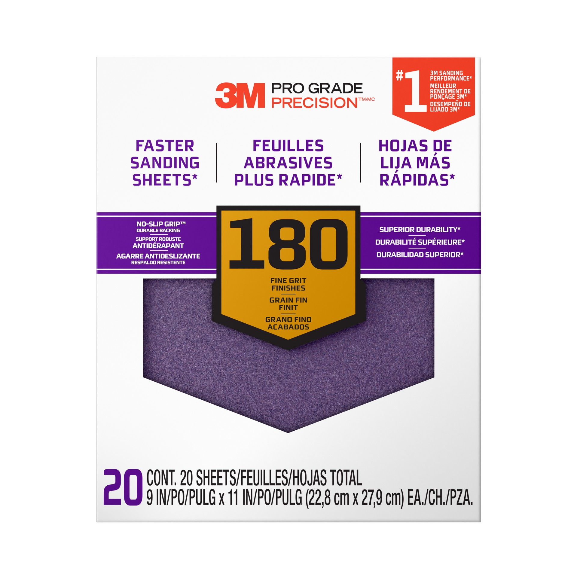 3M Pro Grade Precision™ Faster Sanding Sheets w/ NO-SLIP GRIP™ Backing SHCP180-PGP20T, 9 in x 11 in, 180 Gr, 20 Shts/pk
