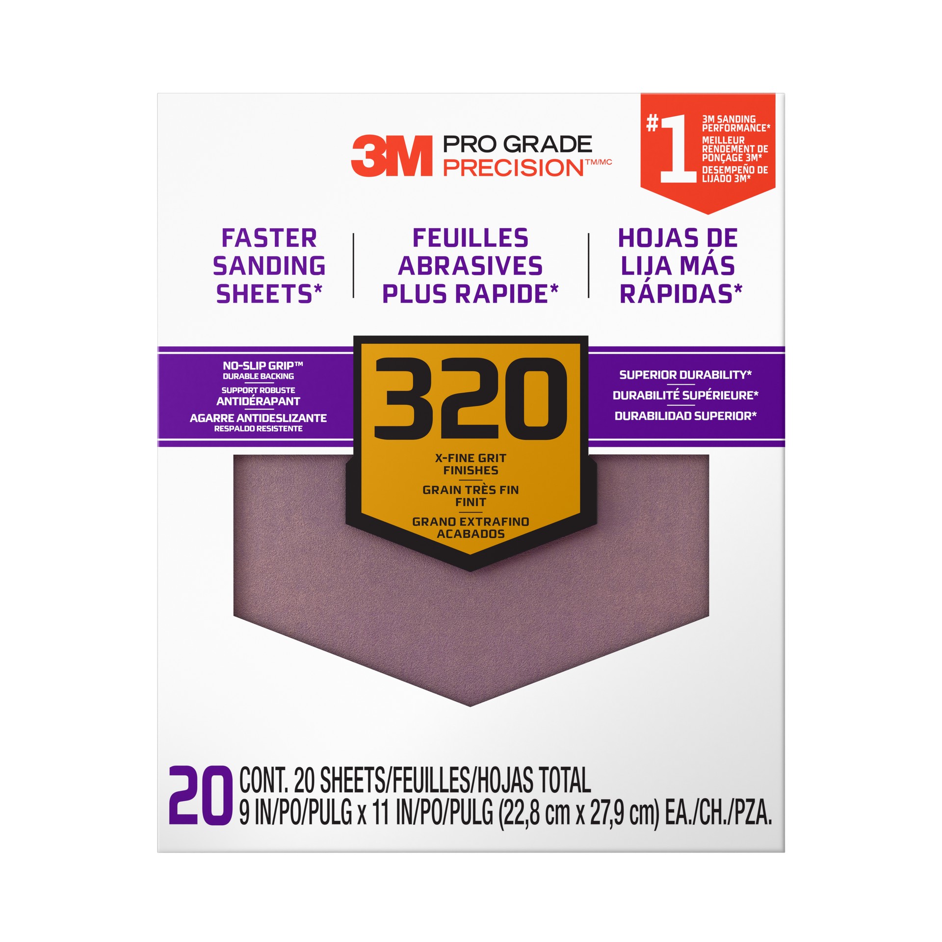 3M Pro Grade Precision™ Faster Sanding Sheets w/ NO-SLIP GRIP™ Backing SHCP320-PGP20T, 9 in x 11 in, 320 Gr, 20 Shts/pk