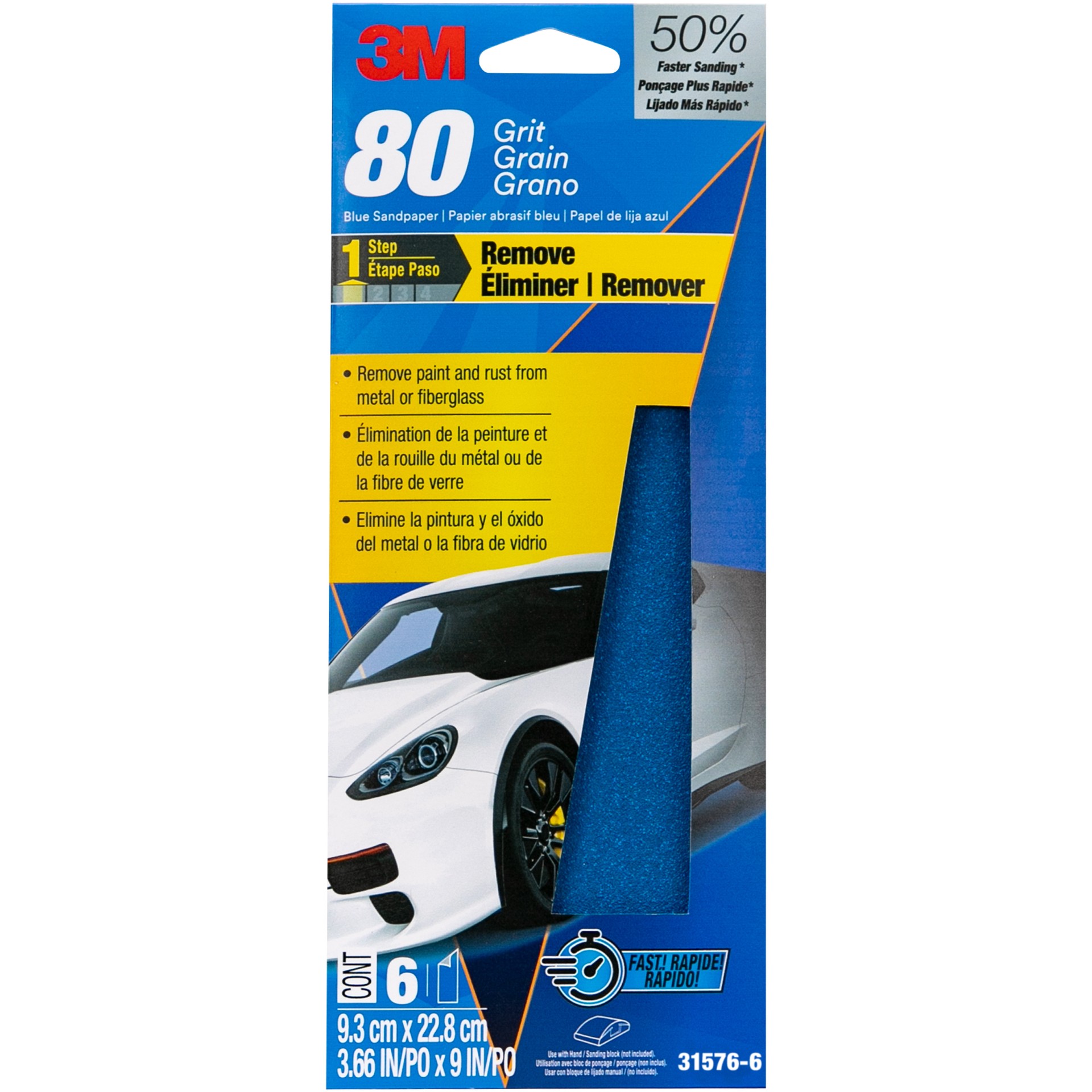 Papier abrasif bleu 3MMC 31576-6, 3 ⅔ po × 9 po, 80 G, 6 feuilles par paquet, 20 paquets par boîte