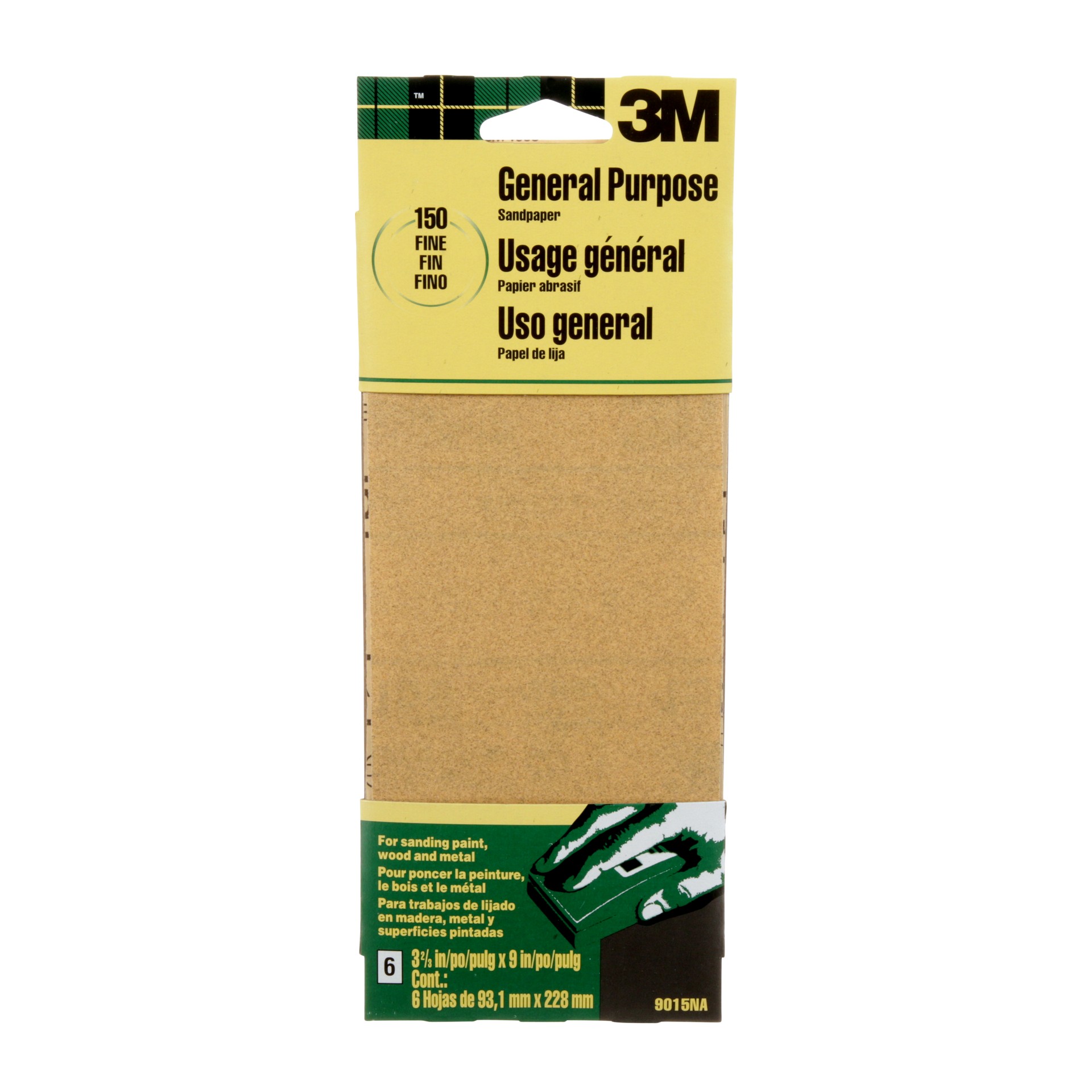3M General Purpose Sanding Sheets 9015NA-CC, Fine Grit, 3-2/3 in x 9 in (93.13 mm x 228.6 mm), 6/Pack