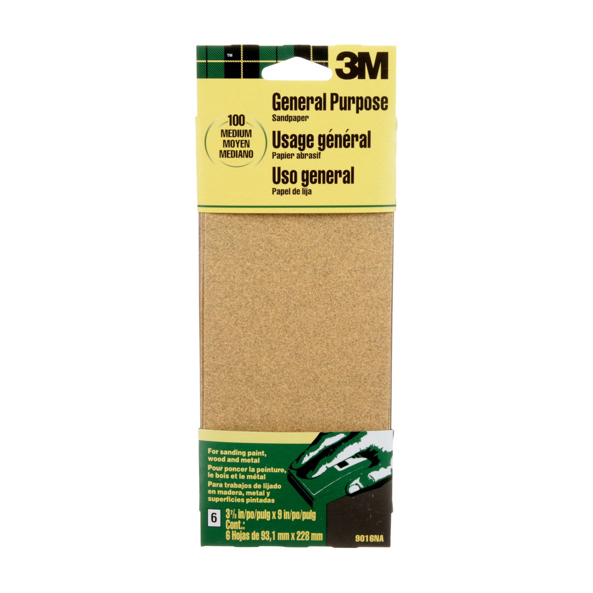 3M General Purpose Sanding Sheets 9016NA-CC, Medium Grit, 3-2/3 in x 9 in (93.13 mm x 228.6 mm), 6/Pack