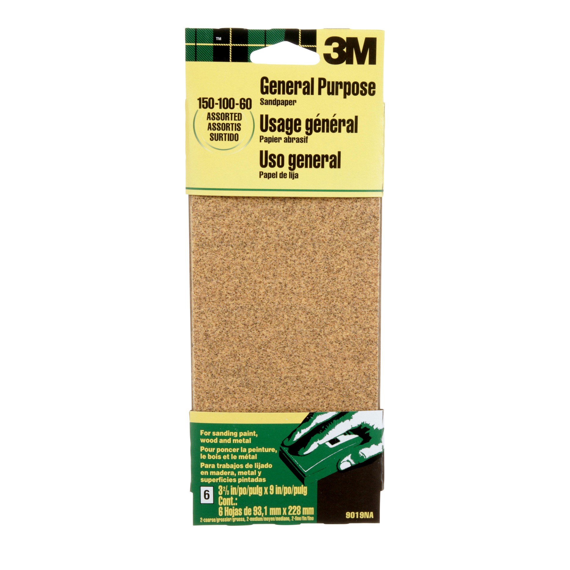 Feuilles abrasives à usage général 3M(MC) 9019NA-CC, 3-⅔ po × 9 po, grains assortis, 6 par paquet, 20 paquets par carton