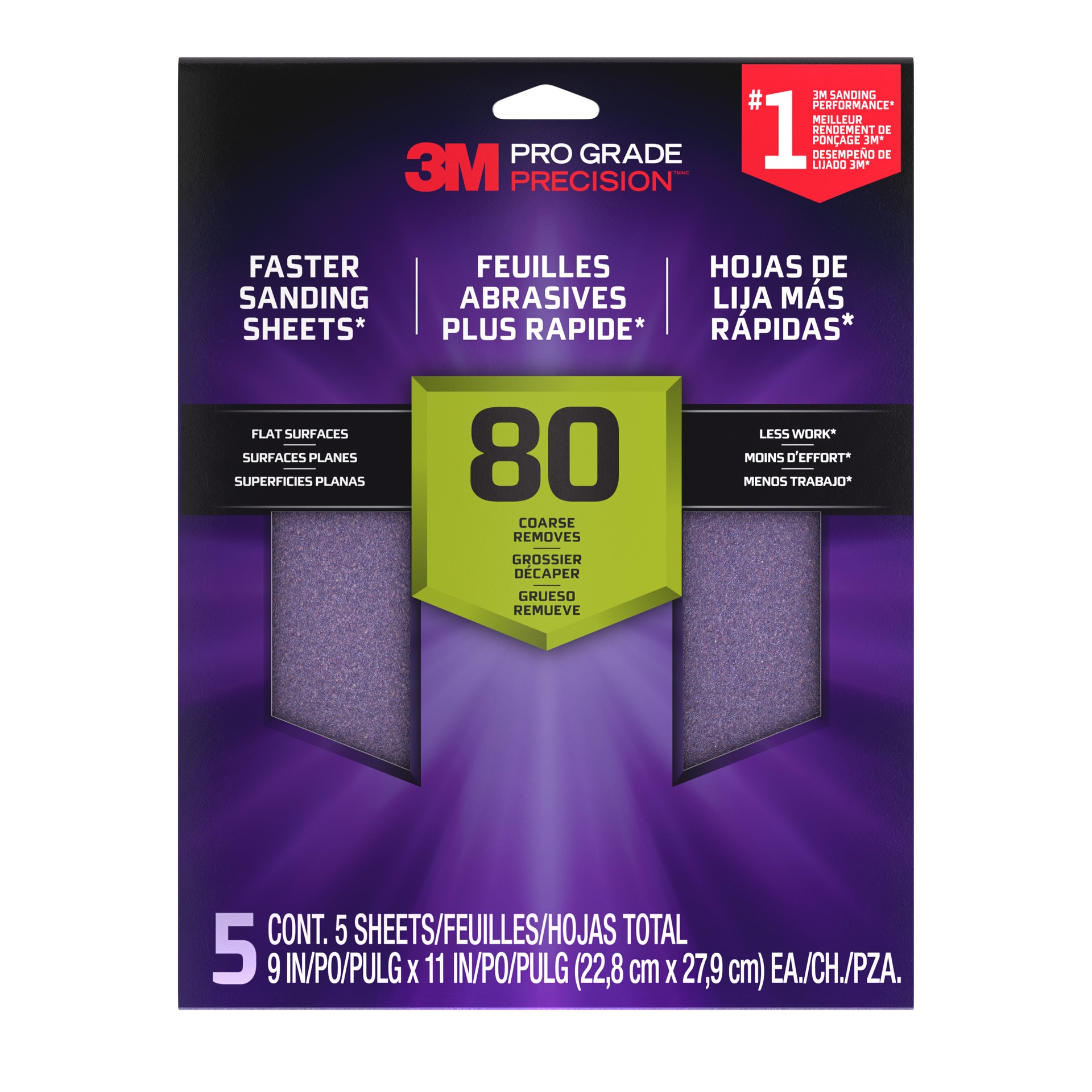3M Pro Grade Precision™ Sanding Sheets w/ NO-SLIP GRIP™ Backing 26080PGP-5I, 9 in x 11 in, 80 GR, 5 Sheet/Pack