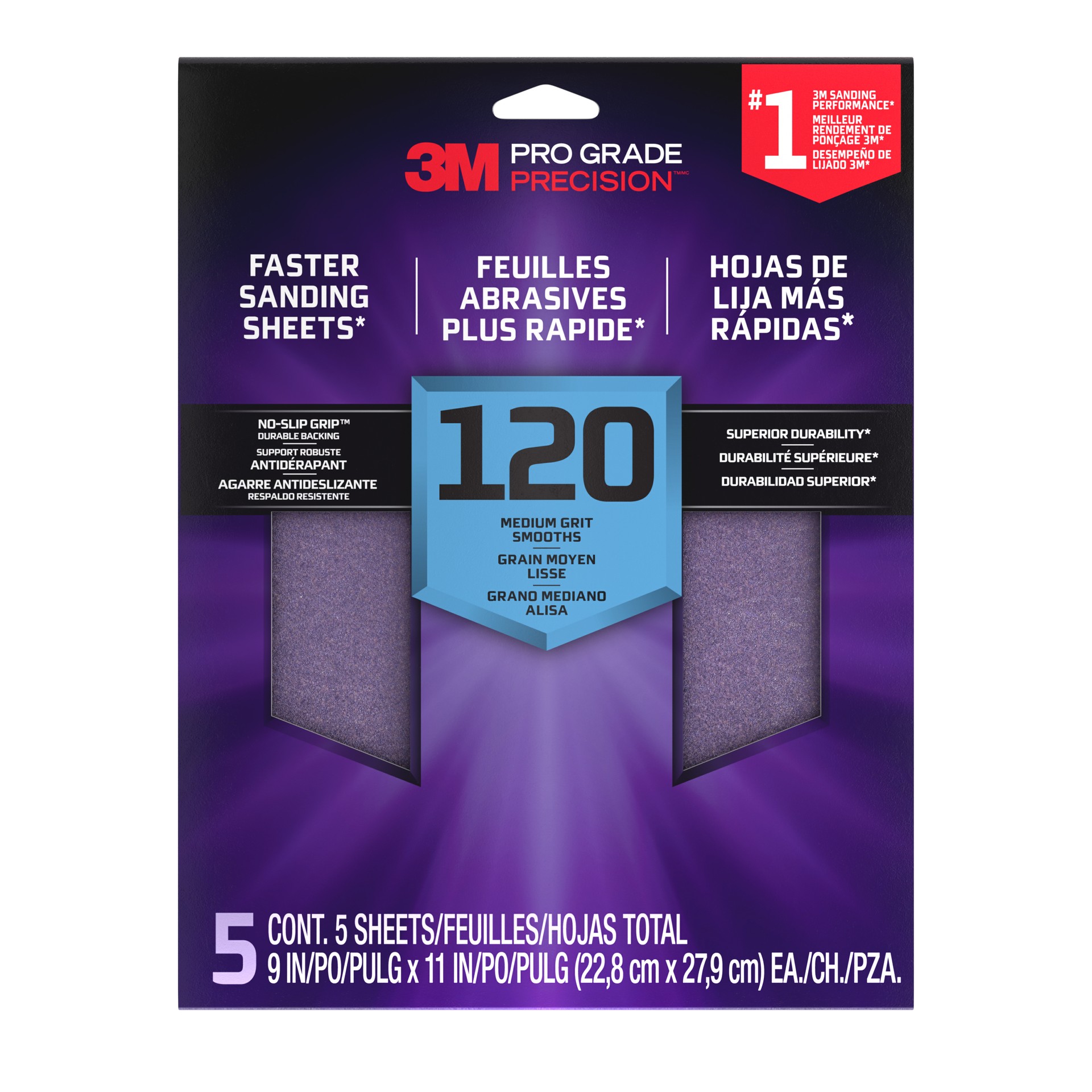 3M Pro Grade Precision™ Faster Sanding Sheets w/ NO-SLIP GRIP™ Backing 26120PGP-5I, 9 in x 11 in, 120 Grit, 5 Sht/Pk