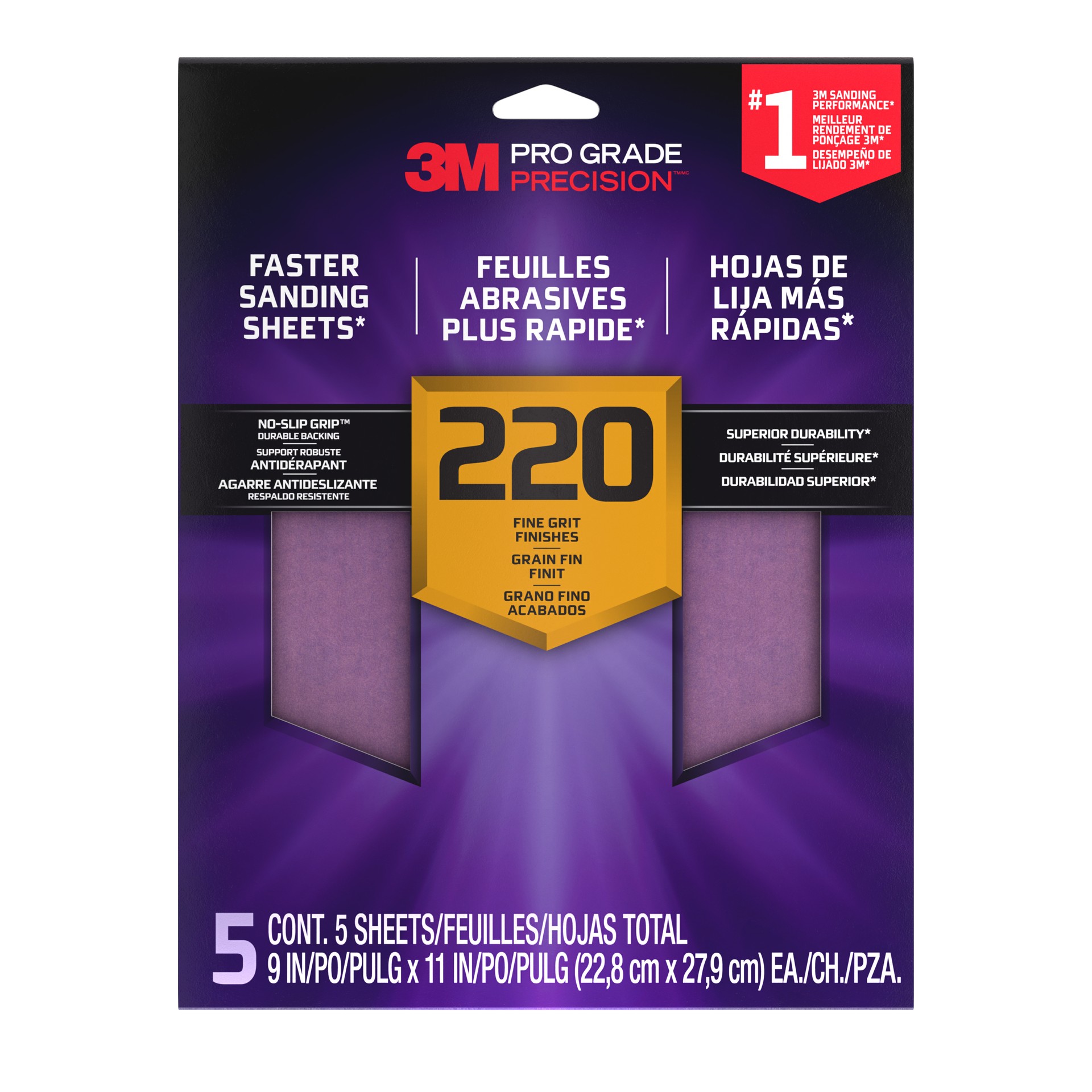 3M Pro Grade Precision™ Sanding Sheets w/ NO-SLIP GRIP™ Backing 26320PGP-5I, 9 in x 11 in, 320 GR, 5 Sheets/Pack