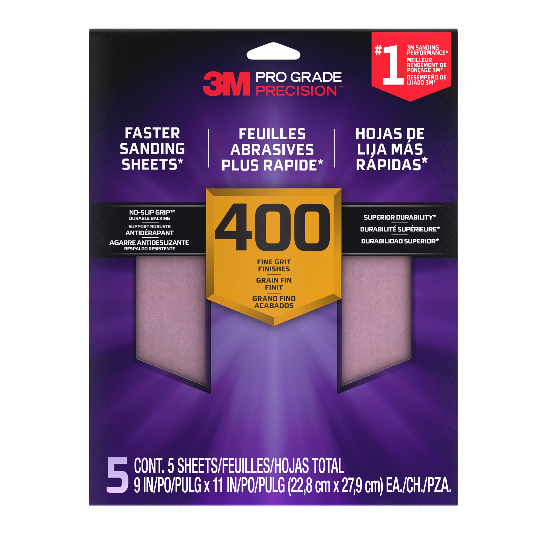 3M Pro Grade Precision™ Sanding Sheets w/ NO-SLIP GRIP™ Backing 26400PGP-5I, 9 in x 11 in, 400 GR, 5 Sheet/Pack