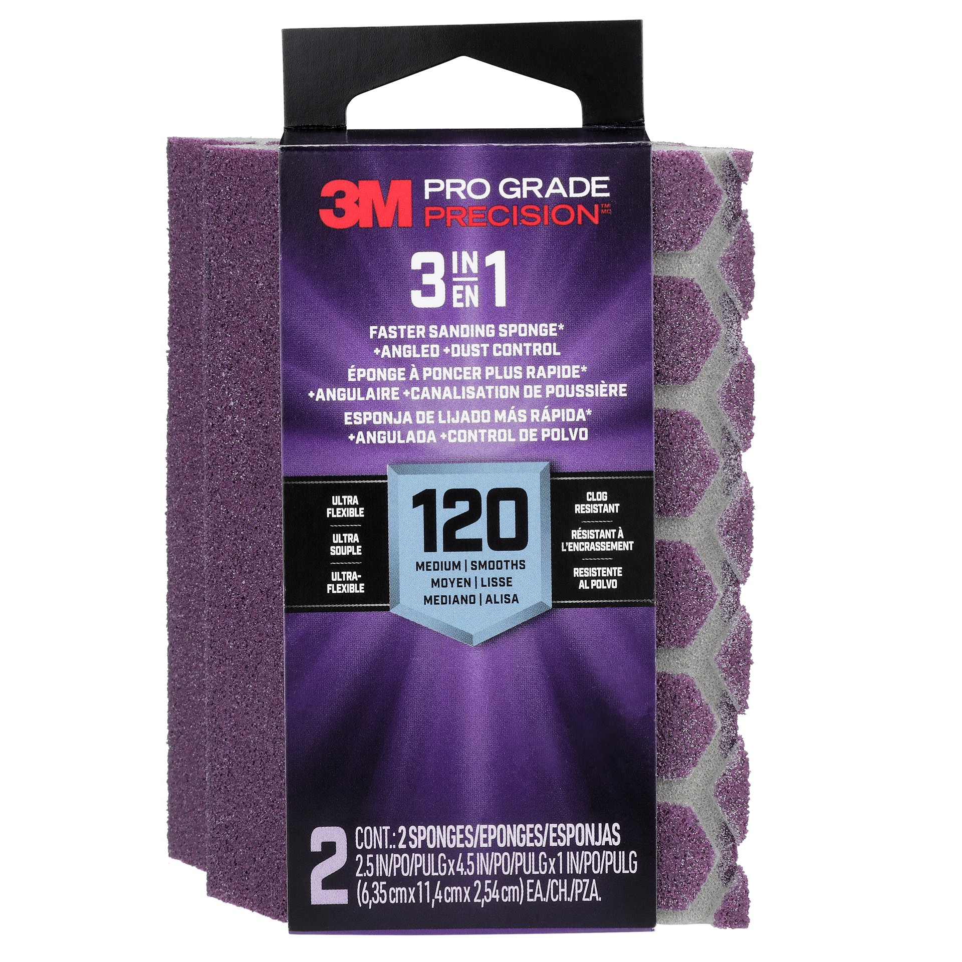 3M Pro Grade Precision™ 3-in-1 Sanding Sponge DCDA120-PGP-2T, 2.5 in x 4.5 in x 1 in, 120 grit, Medium, 6/case