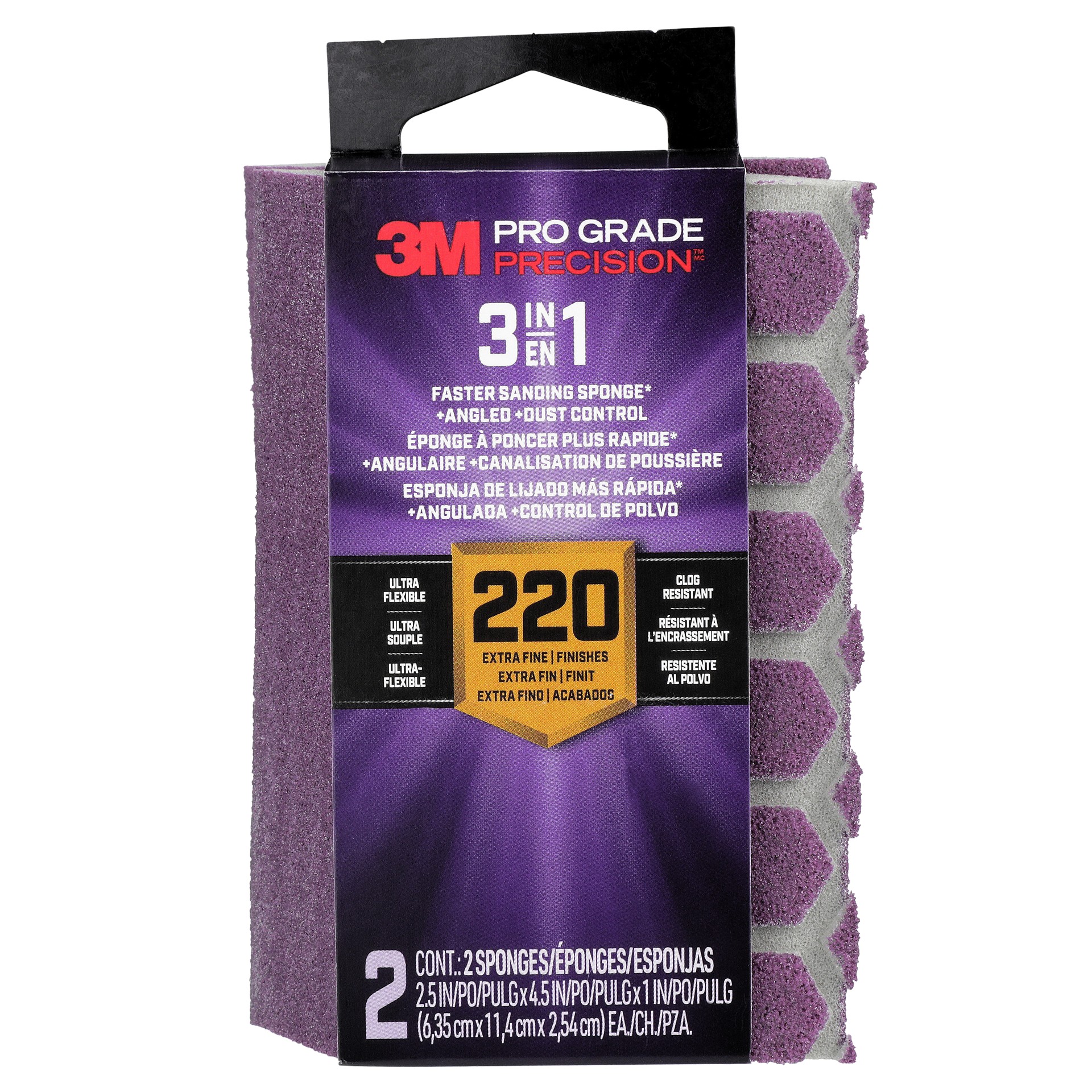 3M Pro Grade Precision™ 3-in-1 Sanding Sponge DCDA220-PGP-2T, 2.5in x 4.5in x 1in, 220 grit, Fine, 6/case