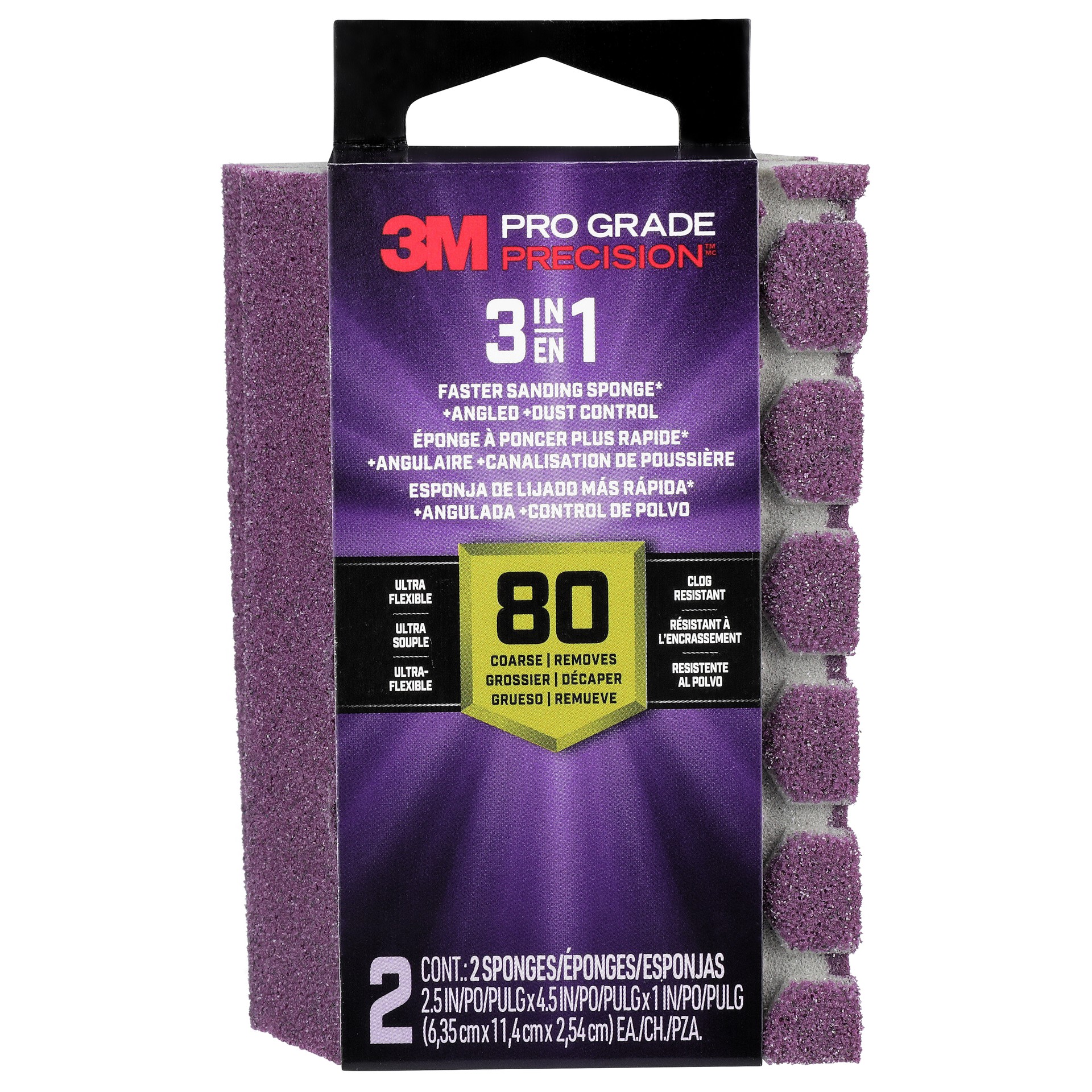 3M Pro Grade Precision™ 3-in-1 Sanding Sponge DCDA80-PGP-2T, 2.5 in x 4.5 in x 1 in, 80 grit, Coarse, 6/case