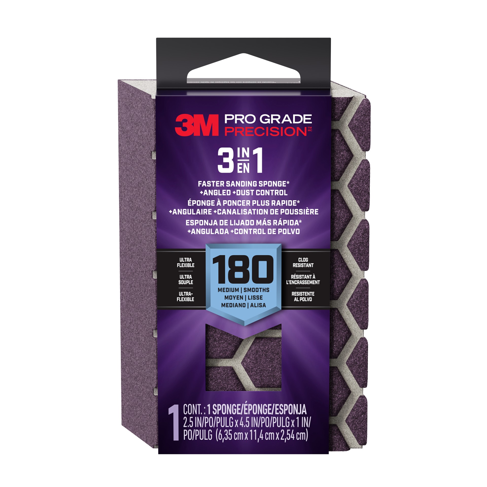 3M Pro Grade Precision™ 3-in-1 Sanding Sponge DCDA180-PGP-2T, 2.5 in x 4.5 in x 1 in, 180 grit, Medium, 6/case