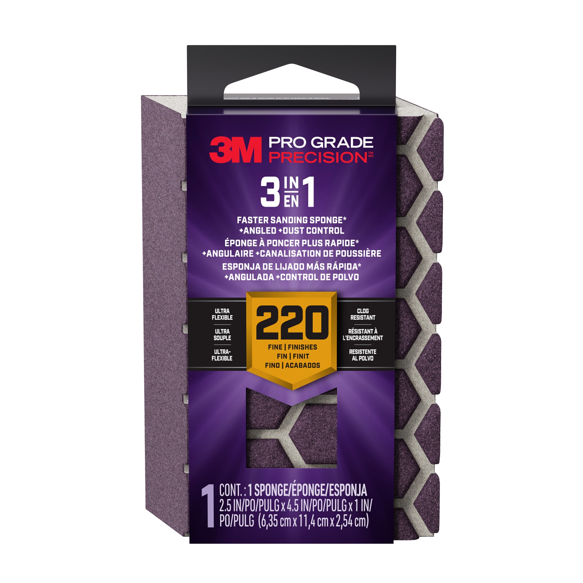 3M Pro Grade Precision™ 3-in-1 Sanding Sponge DCDA220-PGP-1T, 2.5in x 4.5in x 1in, 220 grit, Fine, 12/case