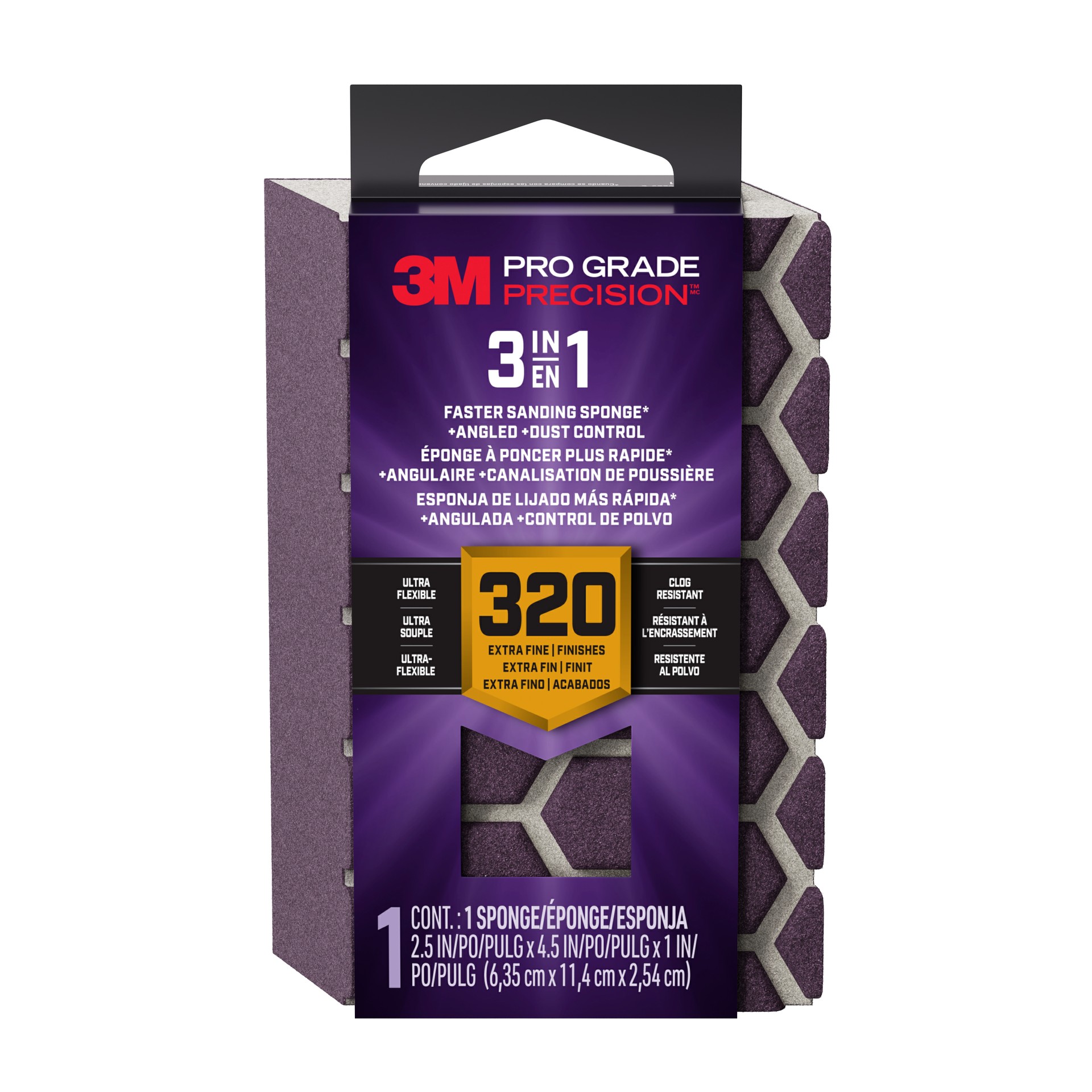 3M Pro Grade Precision™ 3-in-1 Sanding Sponge DCDA320-PGP-1T, 2.5in x 4.5in x 1in, 320 grit, X-Fine, 12/case