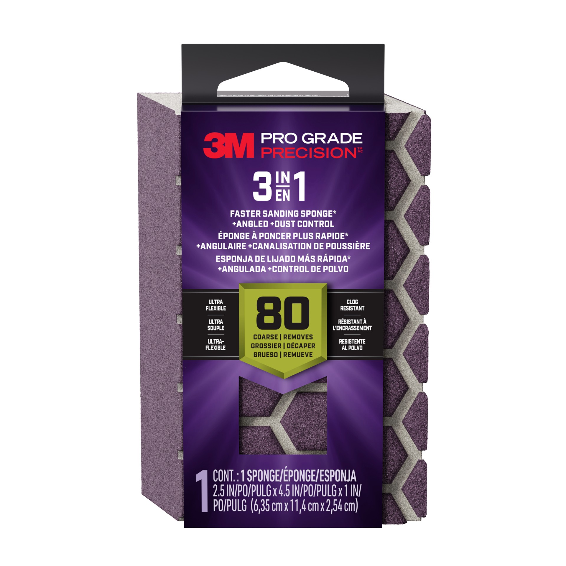 3M Pro Grade Precision™ 3-in-1 Sanding Sponge DCDA80-PGP-1T, 2.5 in x 4.5 in x 1 in, 80 grit, Coarse, 12/case