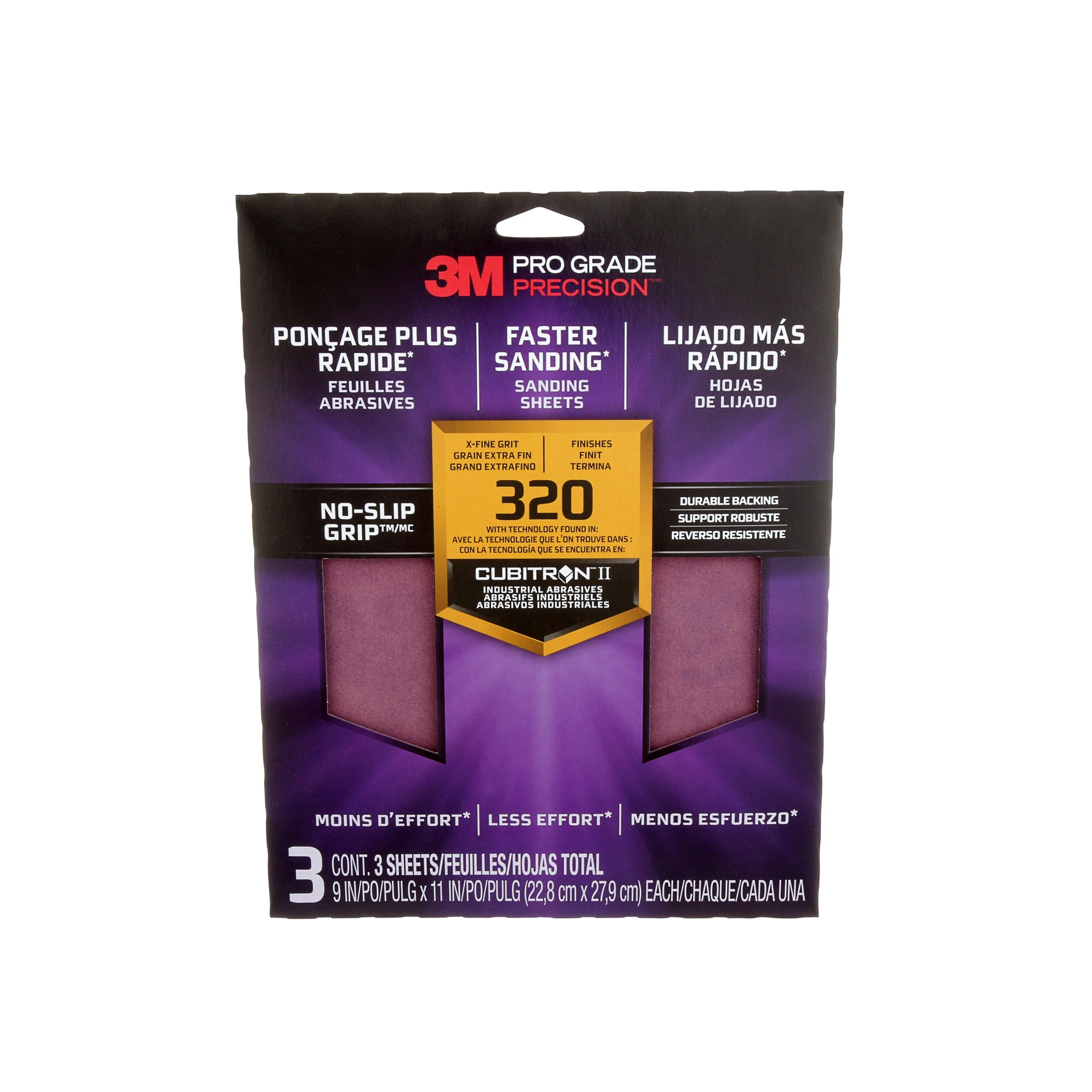 3M Pro Grade Precision™ Faster Sanding Sanding Sheets 26320TRI-3, with NO-SLIP GRIP, 320 Grit, Extra Fine, 9 in x 11 in, 3/Pack