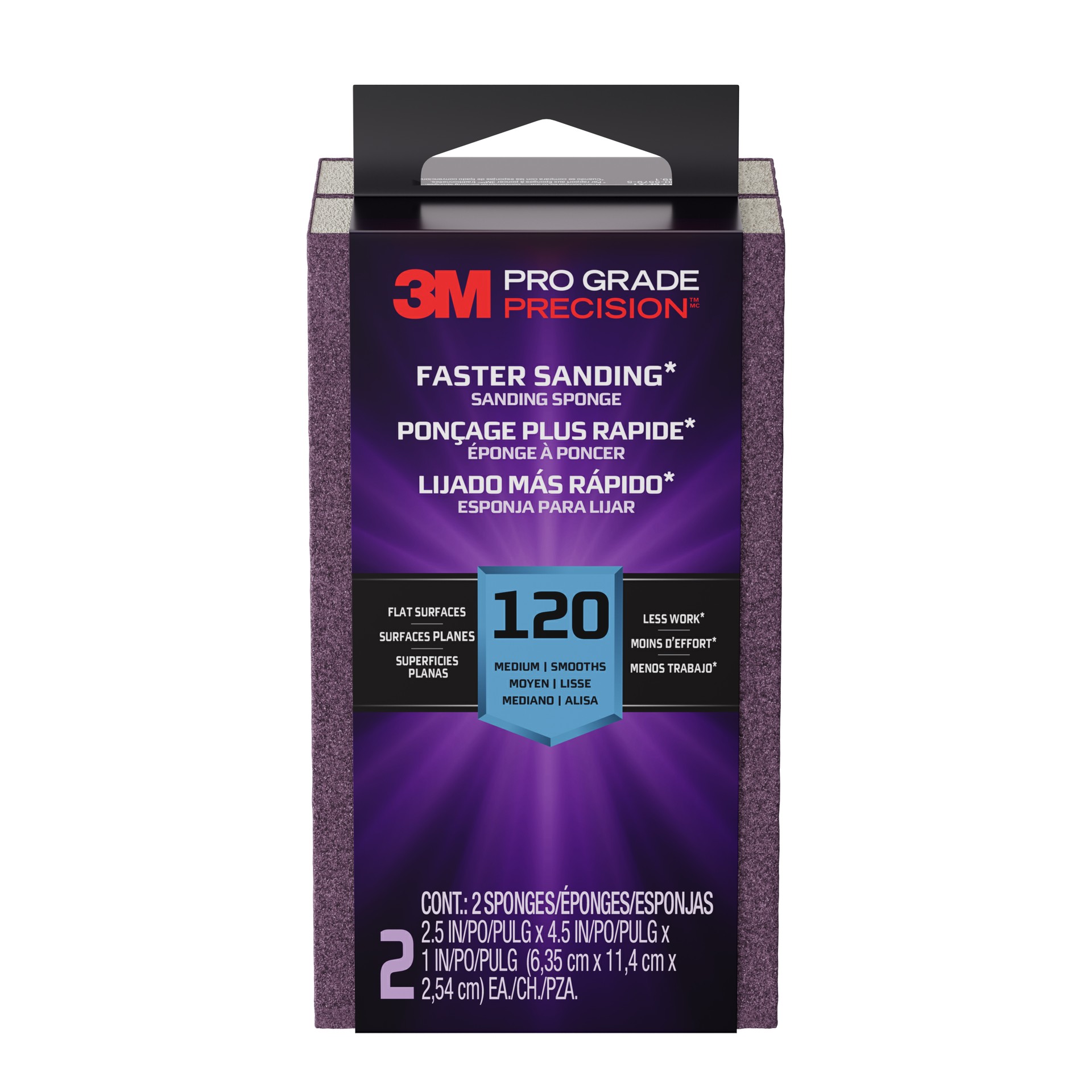 3M Pro Grade Precision™ Faster Sanding Sanding Block Sponge FSB120-PGP-2T, 2.5 x 4.5 x 1in, 120 grit, 2 each/pack