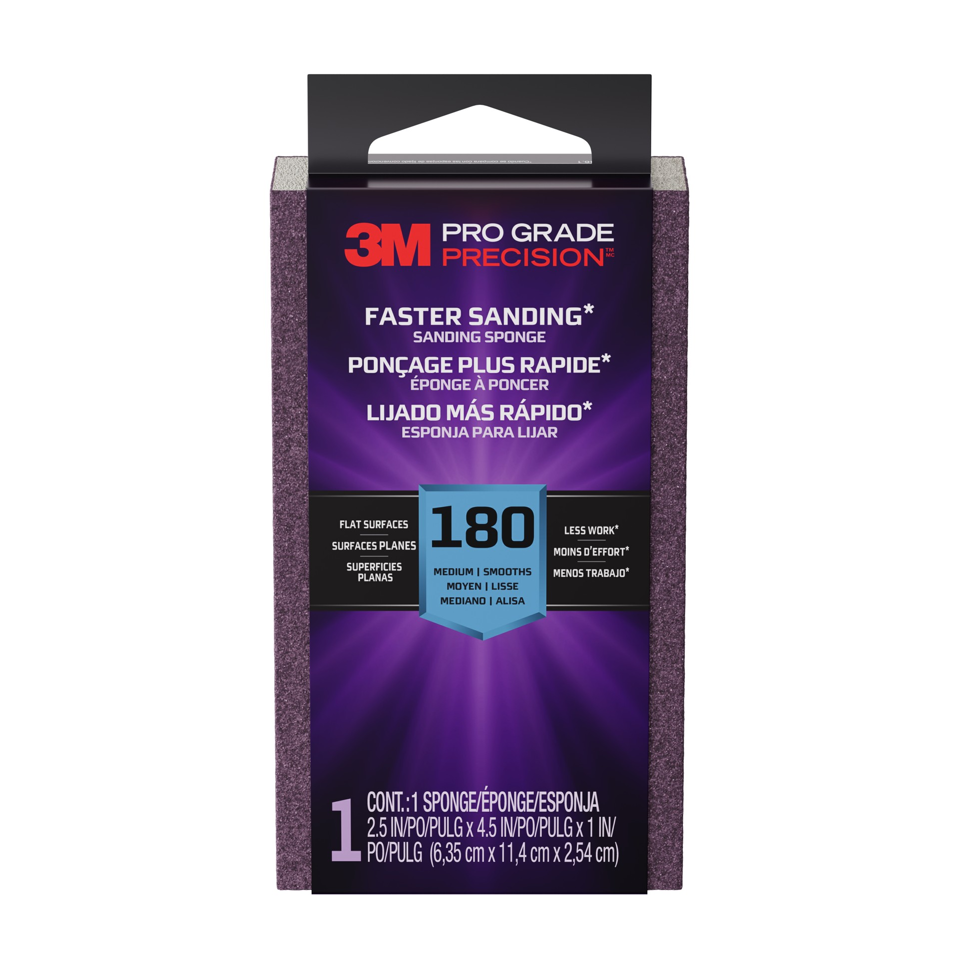 3M Pro Grade Precision™ Faster Sanding Sanding Block Sponge FSB180-PGP-1T, 2.5 in x 4.5 in x 1 in, 180 grit, Medium, 12/case