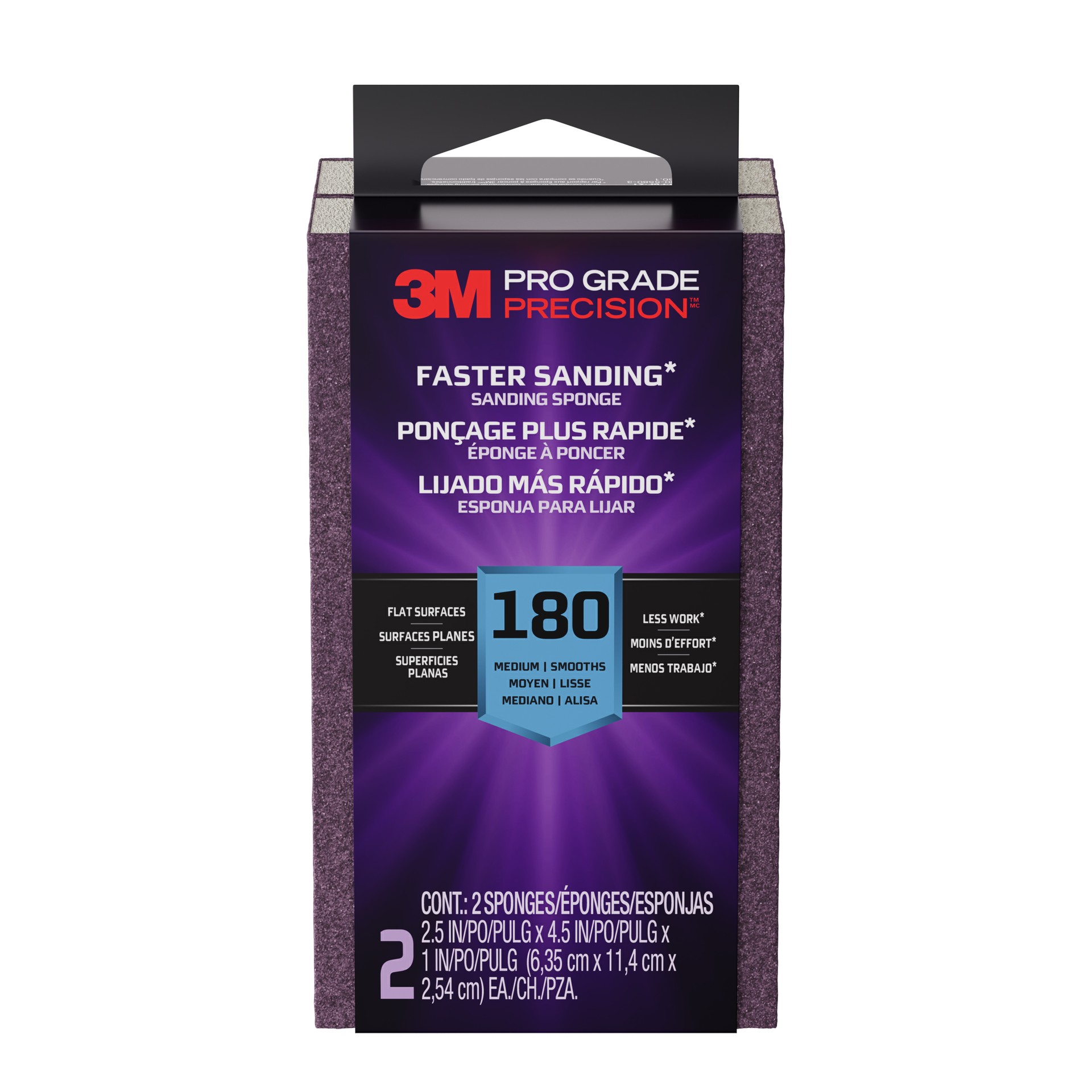3M Pro Grade Precision™ Faster Sanding Sanding Block Sponge FSB180-PGP-2T, 2.5 x 4.5 x 1in, 180 grit, 2 each/pack