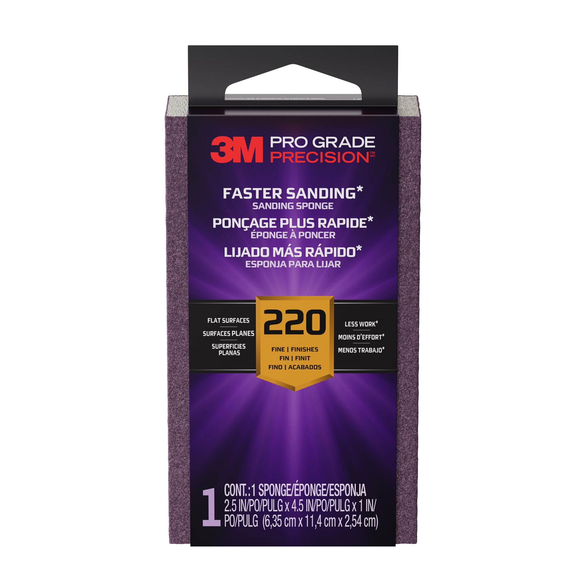 3M Pro Grade Precision™ Faster Sanding Sanding Block Sponge FSB220-PGP-1T, 2.5in x 4.5in x 1in, 220 grit, 12/case
