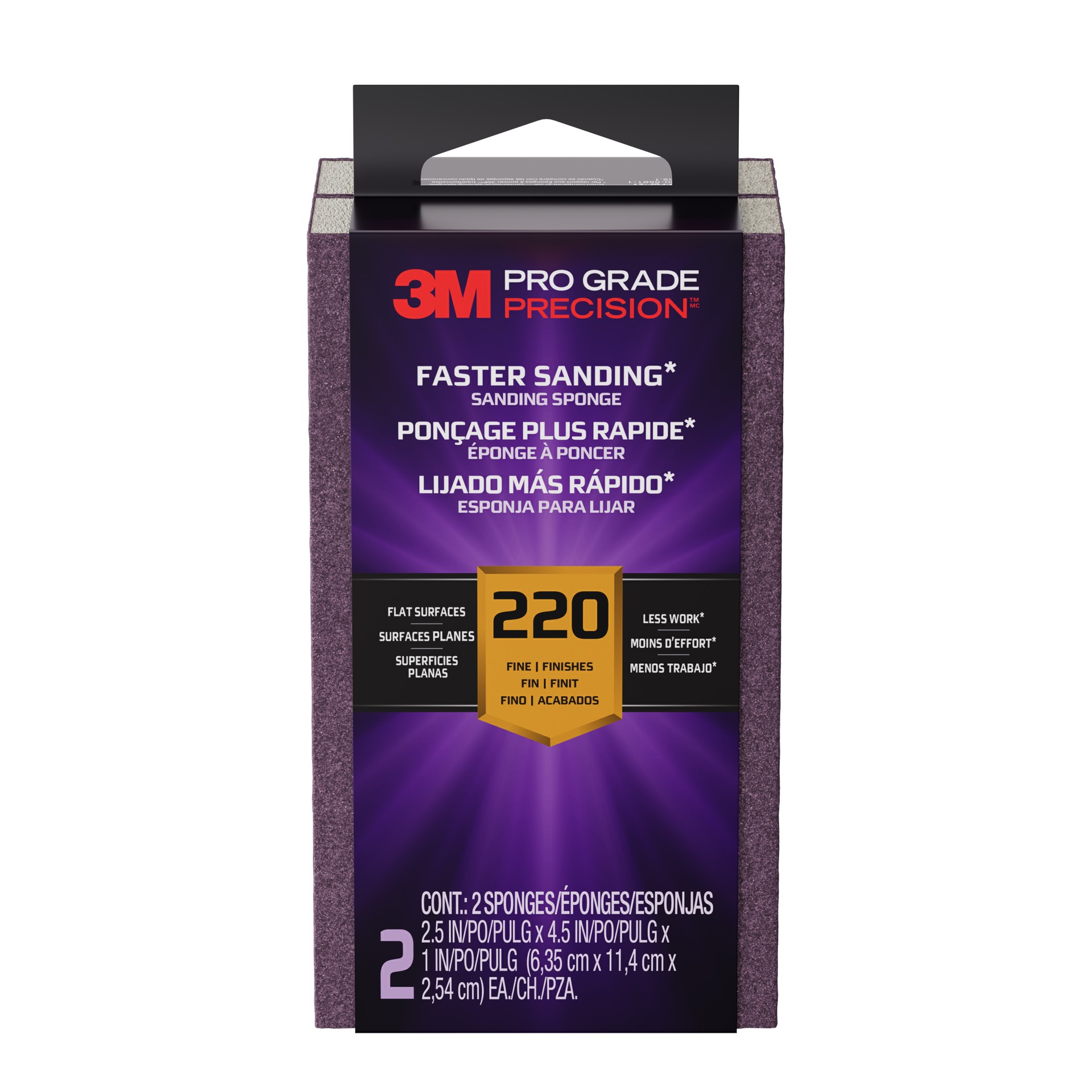 3M Pro Grade Precision™ Faster Sanding Sanding Block Sponge FSB220-PGP-2T, 2.5 in x 4.5 in x 1 in, 220 grit, 2 each/pack