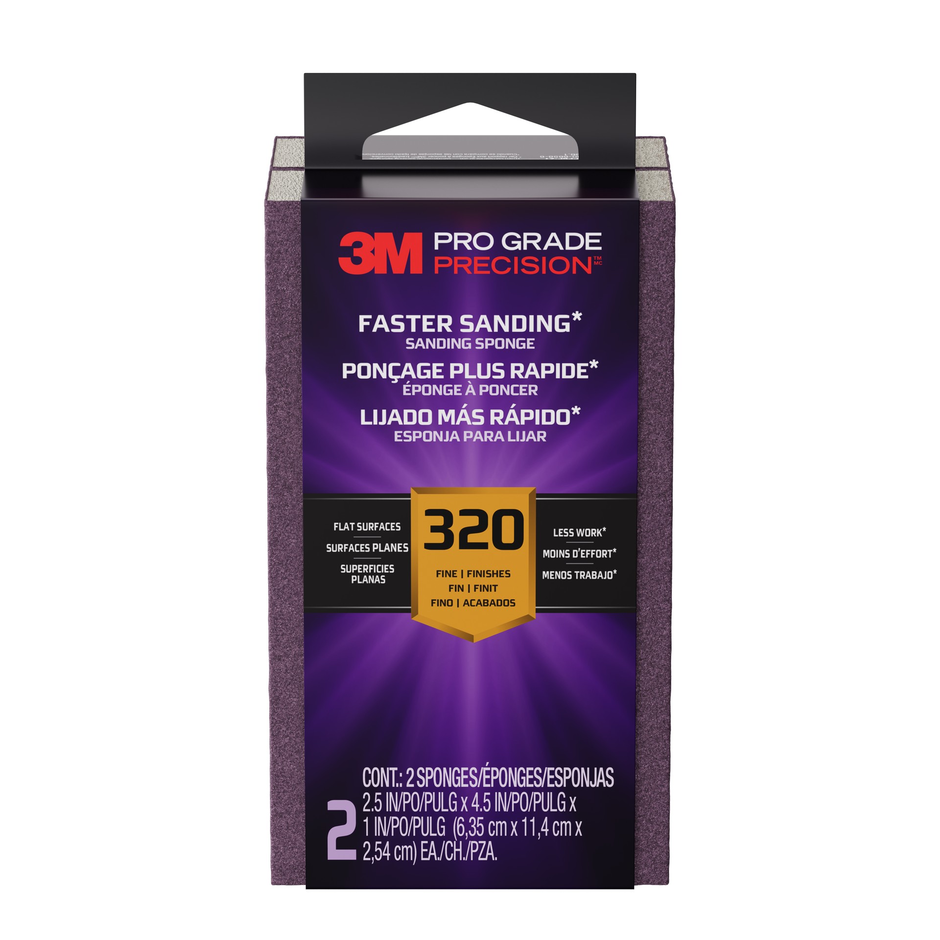3M Pro Grade Precision™ Faster Sanding Sanding Block Sponge FSB320-PGP-2T, 2.5in x 4.5in x 1in, 320 grit, 2/pack