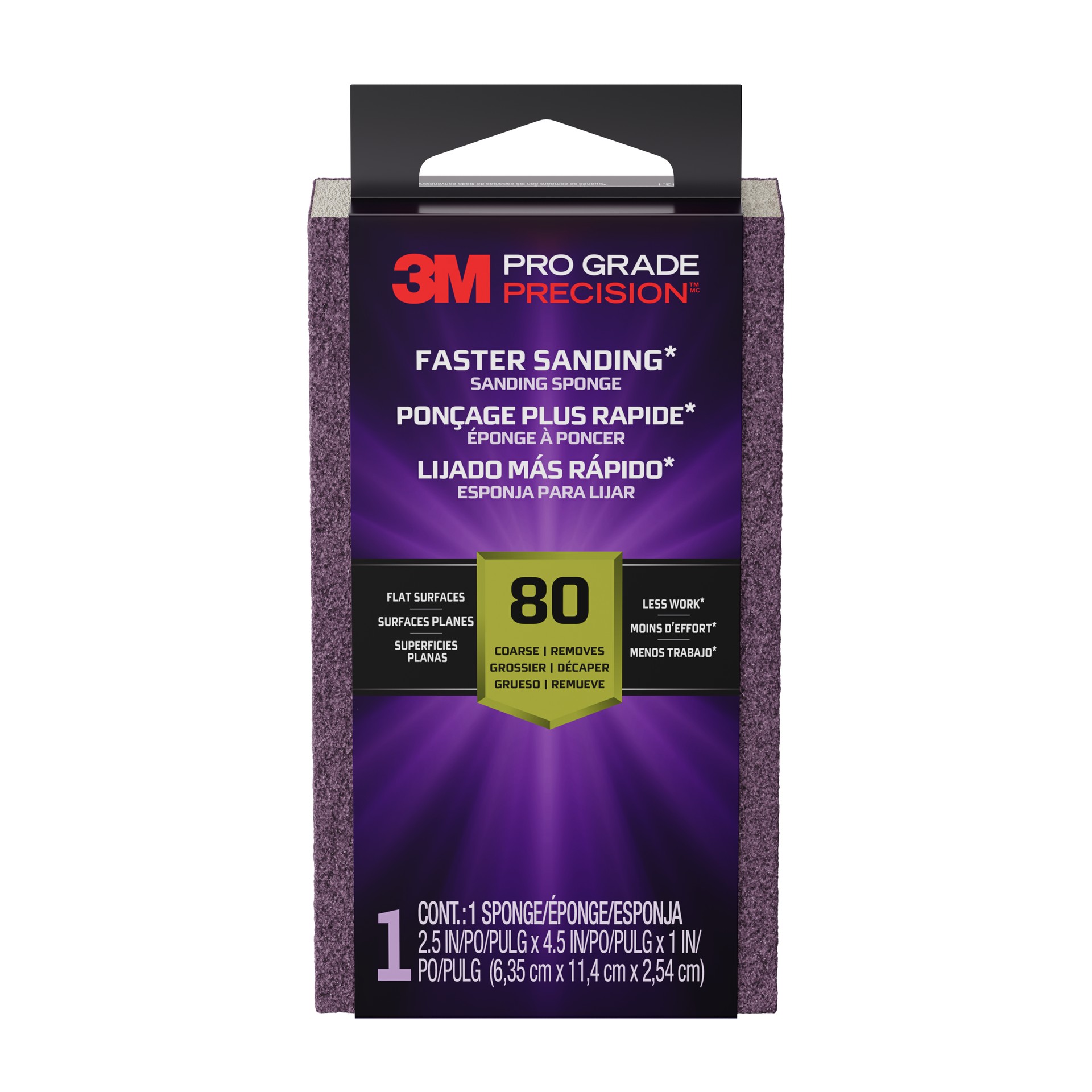 3M Pro Grade Precision™ Faster Sanding Sanding Block Sponge FSB80-PGP-1T, 2.5 in x 4.5 in x 1 in, 80 grit, Coarse, 12/case