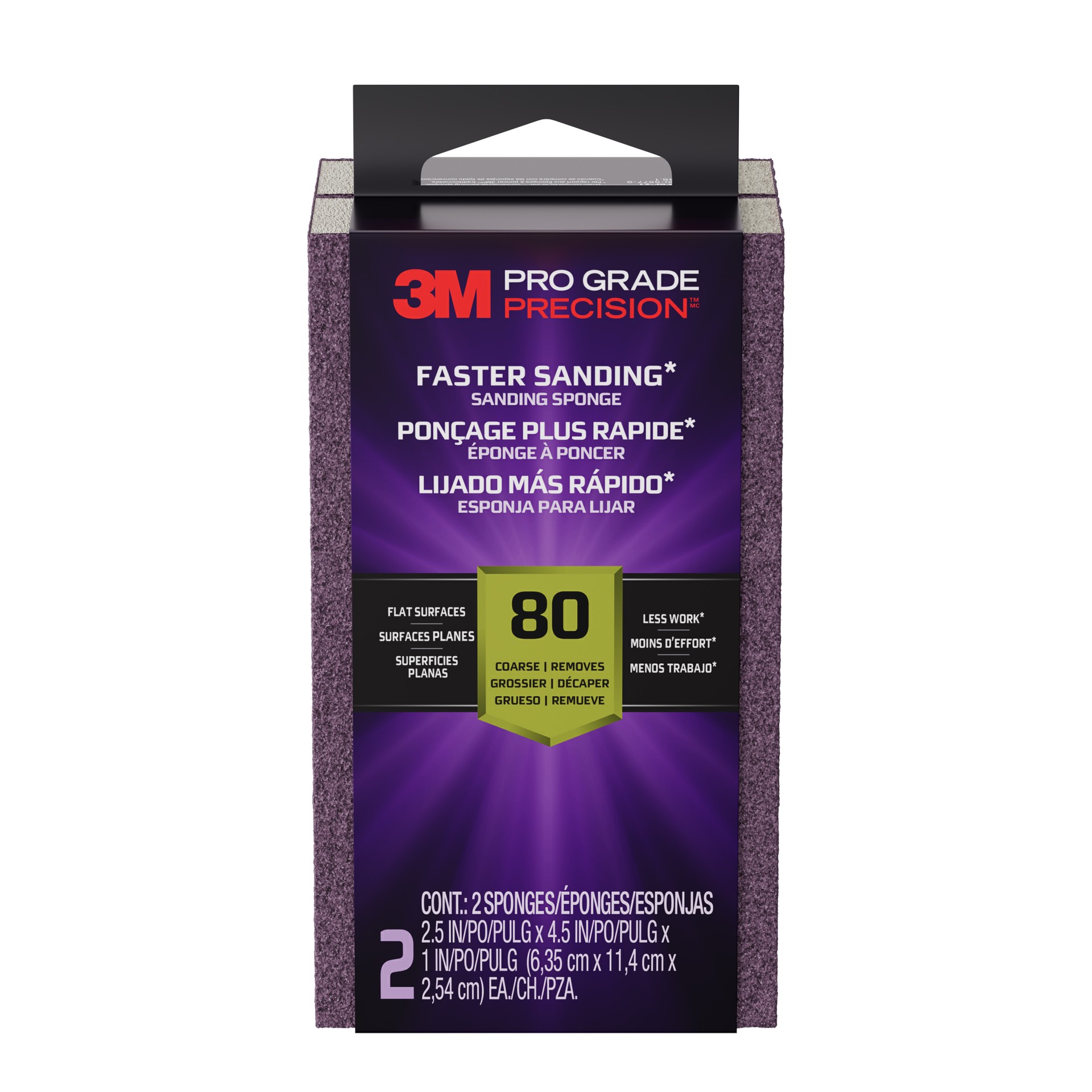 3M Pro Grade Precision™ Faster Sanding Sanding Block Sponge FSB80-PGP-2T, 2.5 x 4.5 x 1in, 80 grit, 2 each/pack