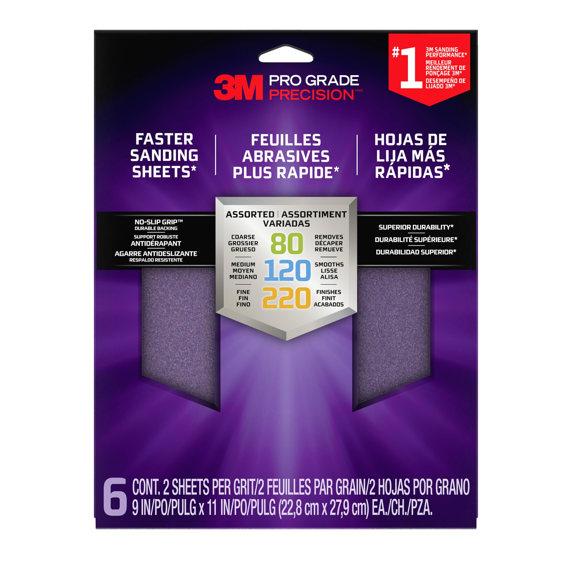 3M Pro Grade Precision™ Sanding Sheets w/ NO-SLIP GRIP™ Backing SHRASST-PGP-6T, 9 in x 11 in, ASST Gr, 6 Shts/Pk