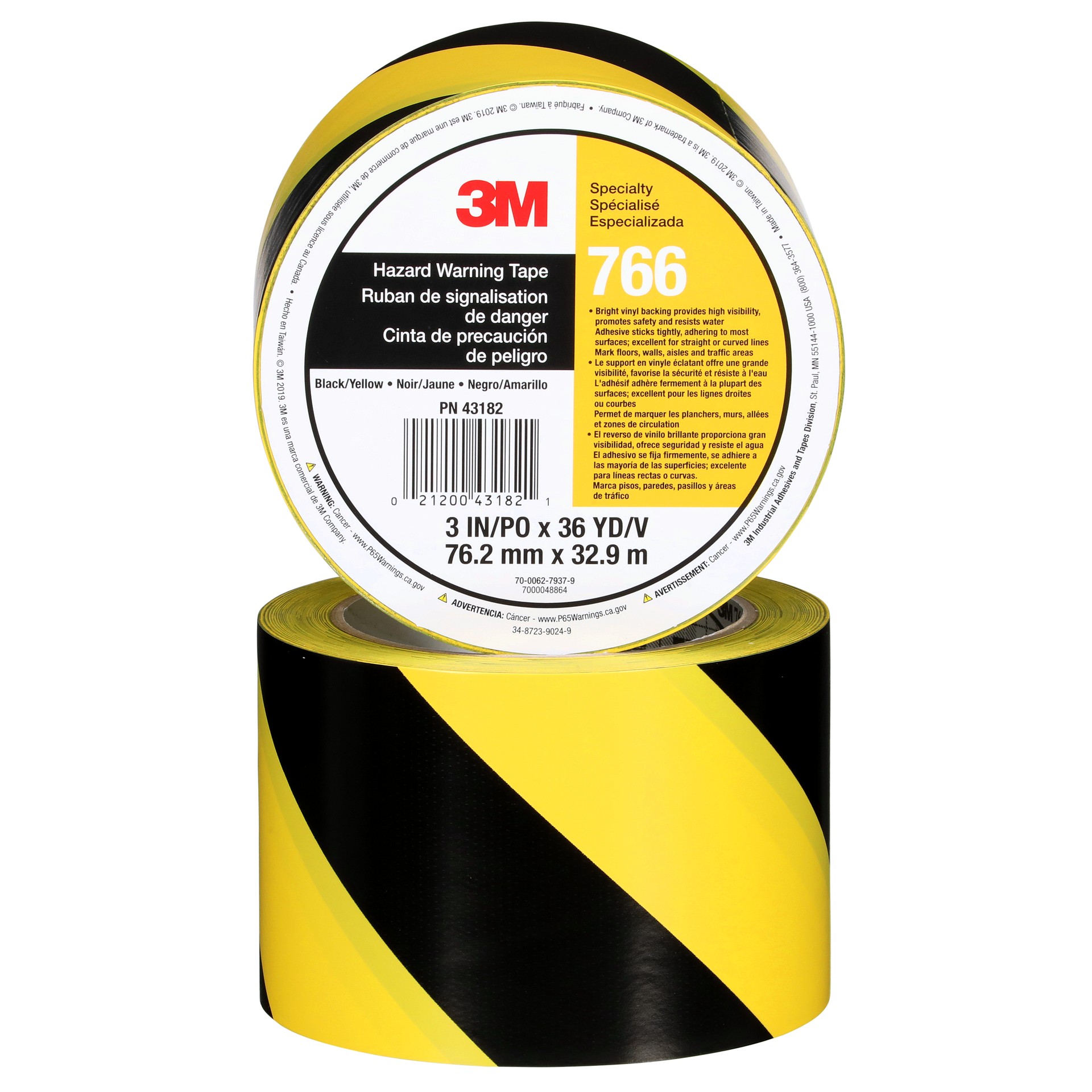 Ruban pour le marquage des dangers 3M(MC), 766, noir/jaune, 7,6 cm x 32,9 m x 0,13 mm (3,0 po x 36,0 v x 5,0 mil)