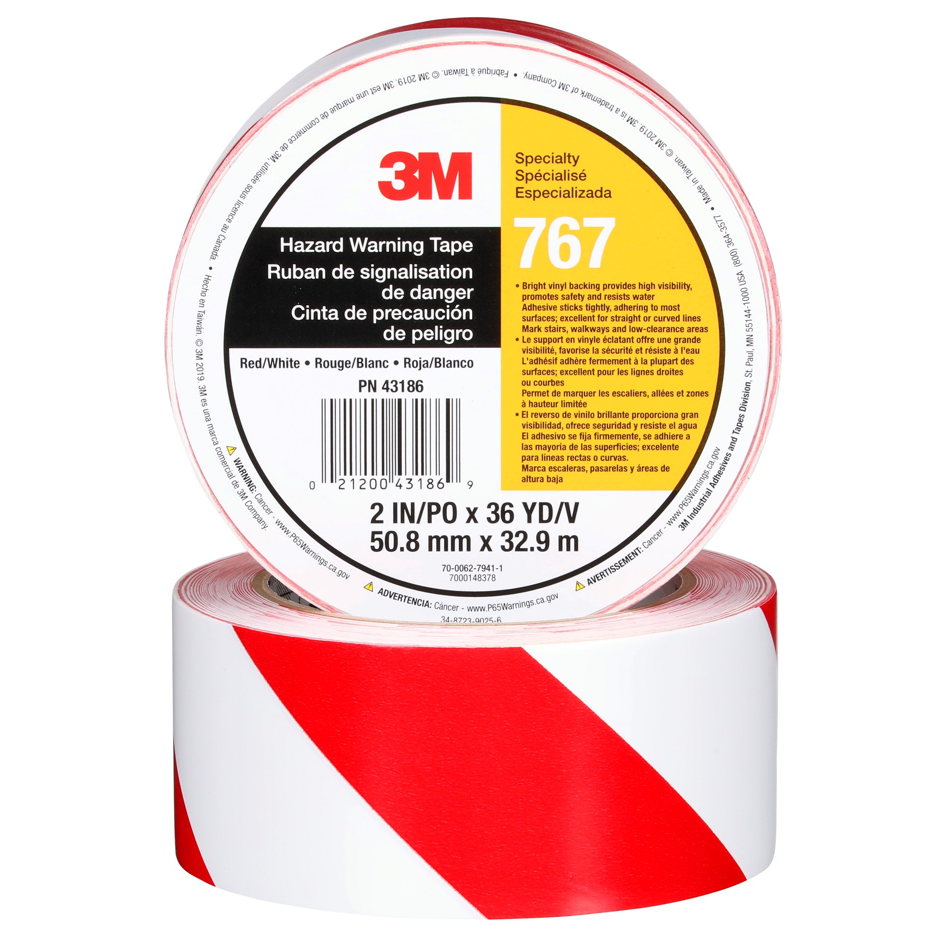 Ruban pour le marquage des dangers 3M(MC), 767, rouge/blanc, 5,1 cm x 32,9 m x 0,13 mm (2,0 po x 36,0 v x 5,0 mil)
