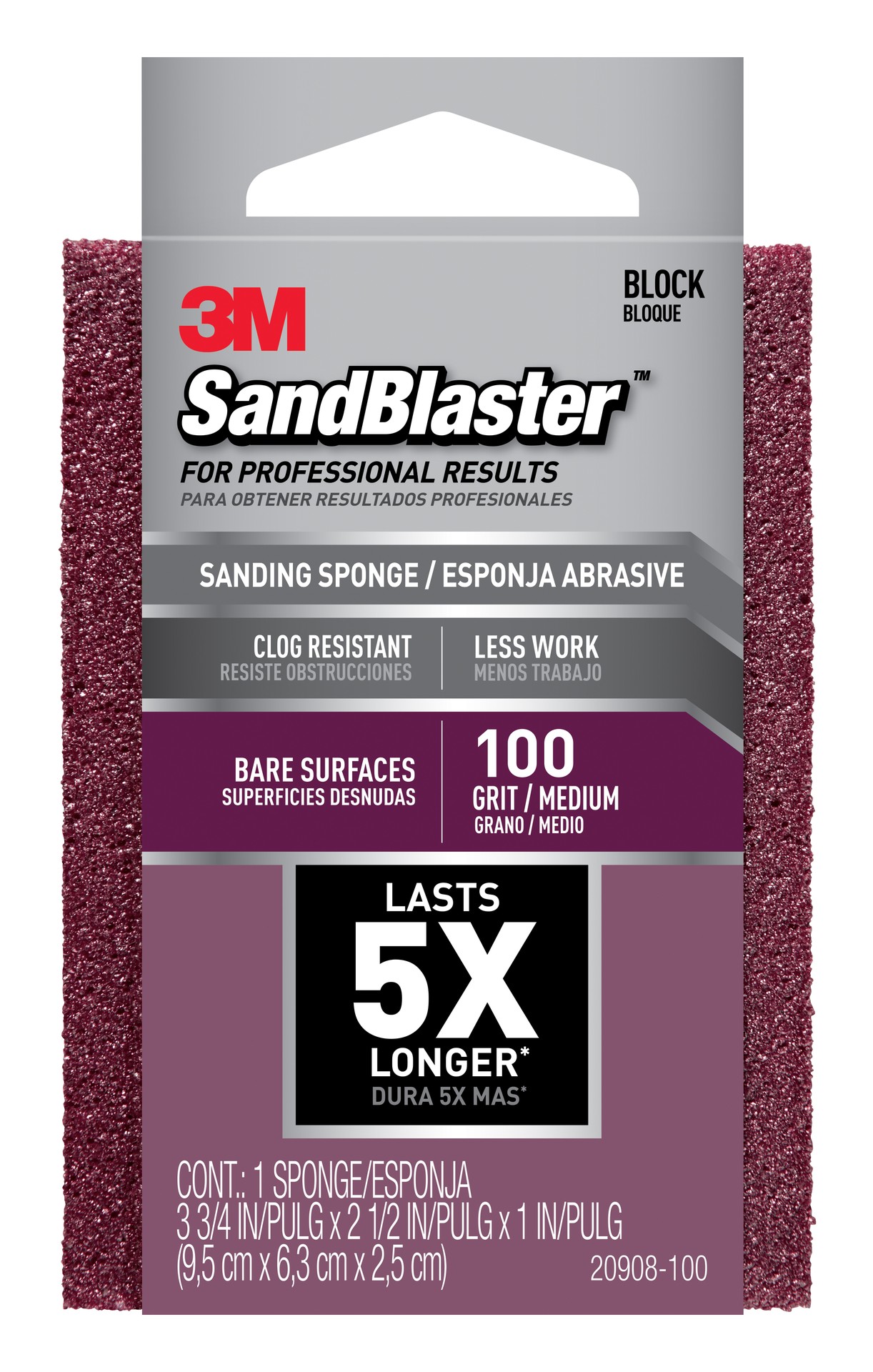 3M SandBlaster™ Ponçage Sponge 20908-100, 100 Grain, 3 3/4 in x 2 1/2 in x 1 in, 1/Pack