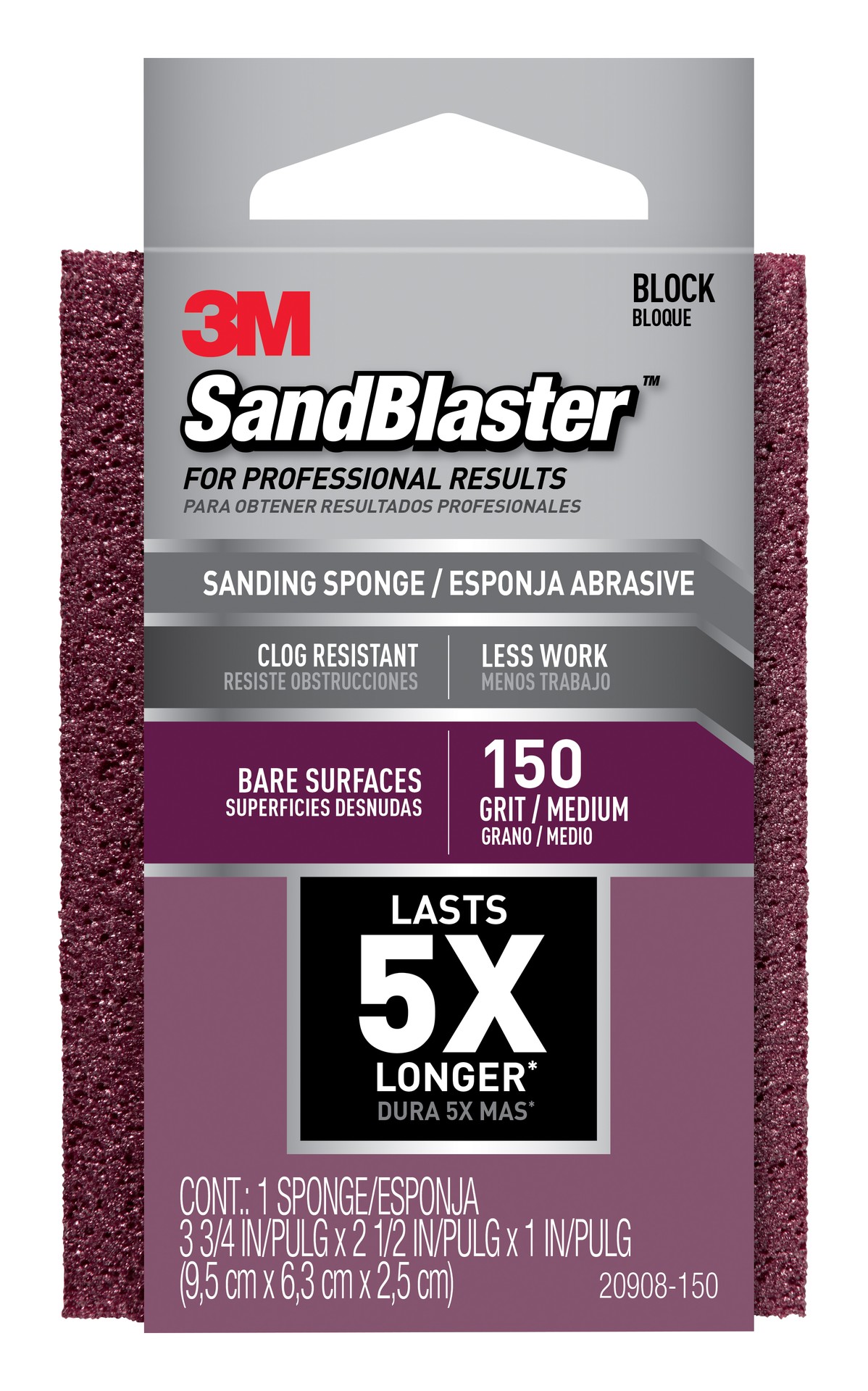 3M SandBlaster™ Ponçage Sponge 20908-150, 150 Grain, 3 3/4 in x 2 1/2 in x 1 in, 1/Pack