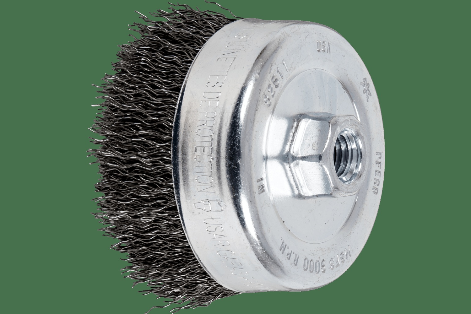 PFERD TOOLS Crimped Brosse boisseau à fils PSF 4" Diam. .020 Acier au carbone 5/8-11" Filetage Détail