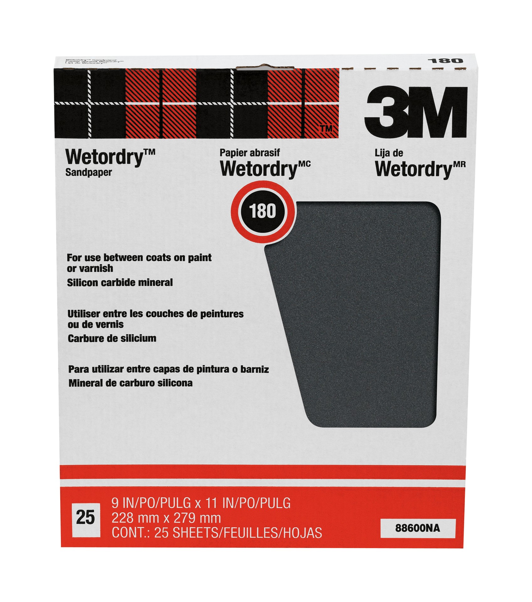 3M Wetordry™ Sandpaper 88600NA, 180 Grain, 9 in x 11 in, 25/Pack