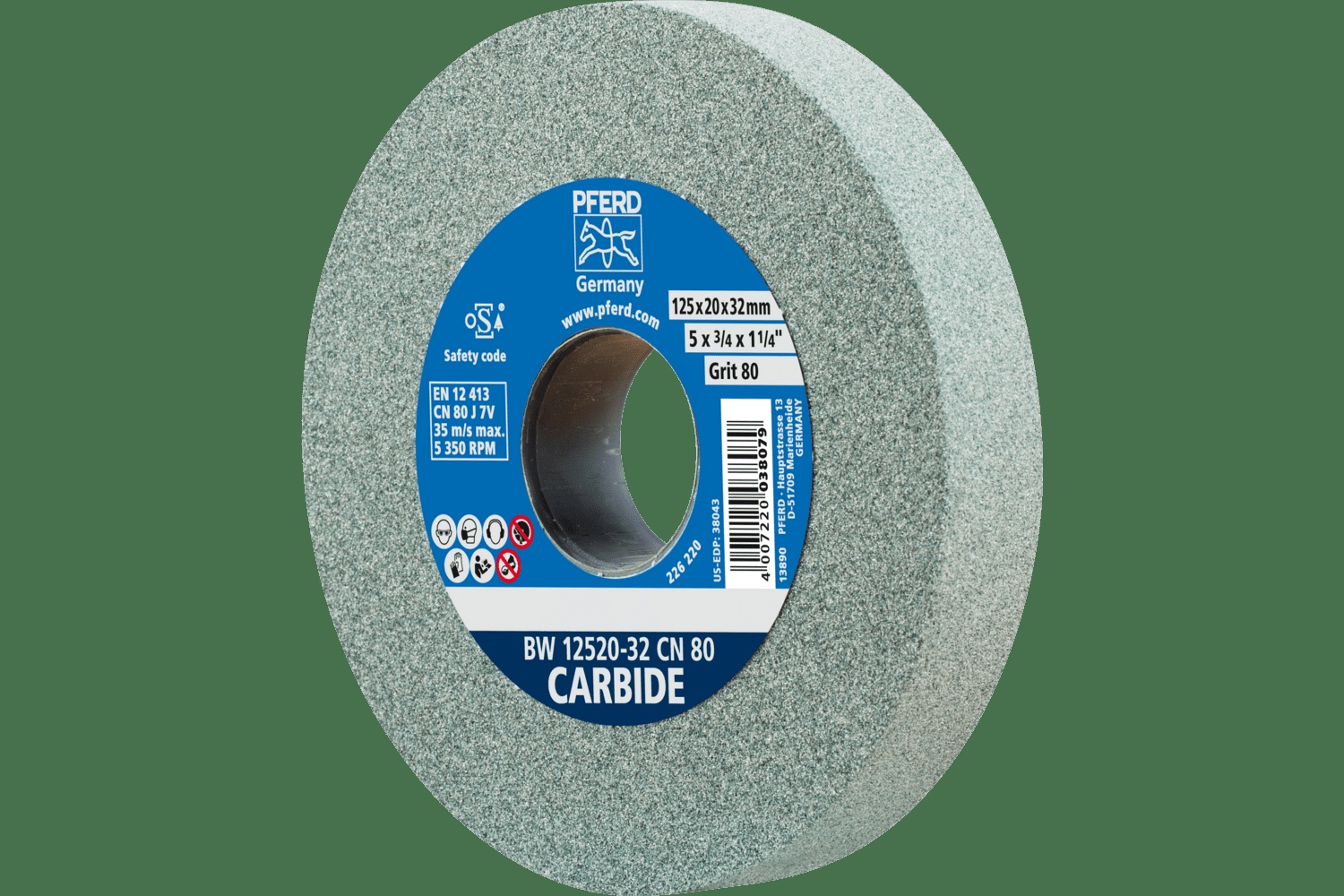 PFERD TOOLS Meule de touret vitrifiée, Carbure, 5" x 3/4 x 1-1/4, 80 Grain, Carbure de silicium
