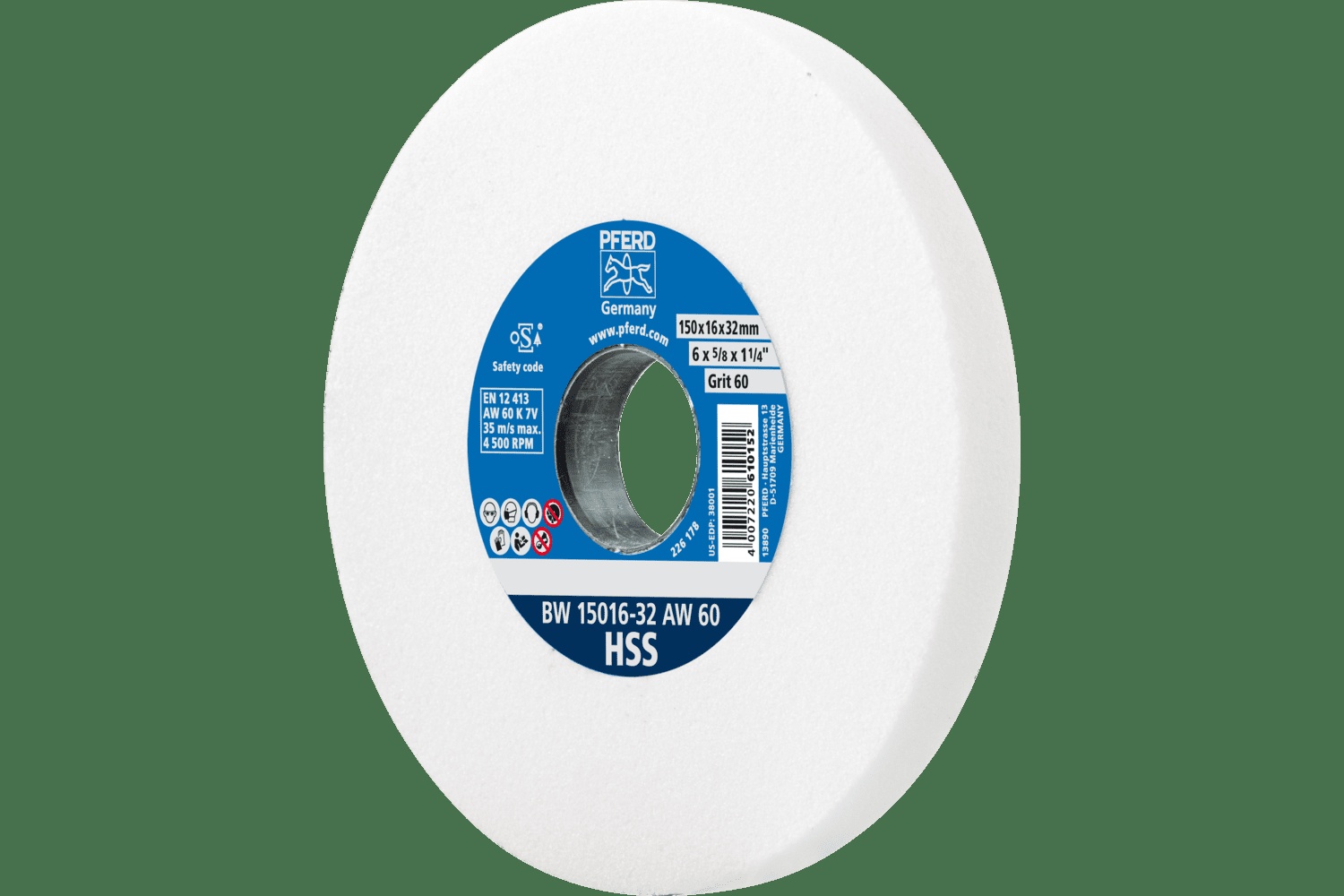 PFERD TOOLS Meule de touret vitrifiée, HSS, 6" x 5/8 x 1-1/4, 60 Grain, Oxyde d'aluminium