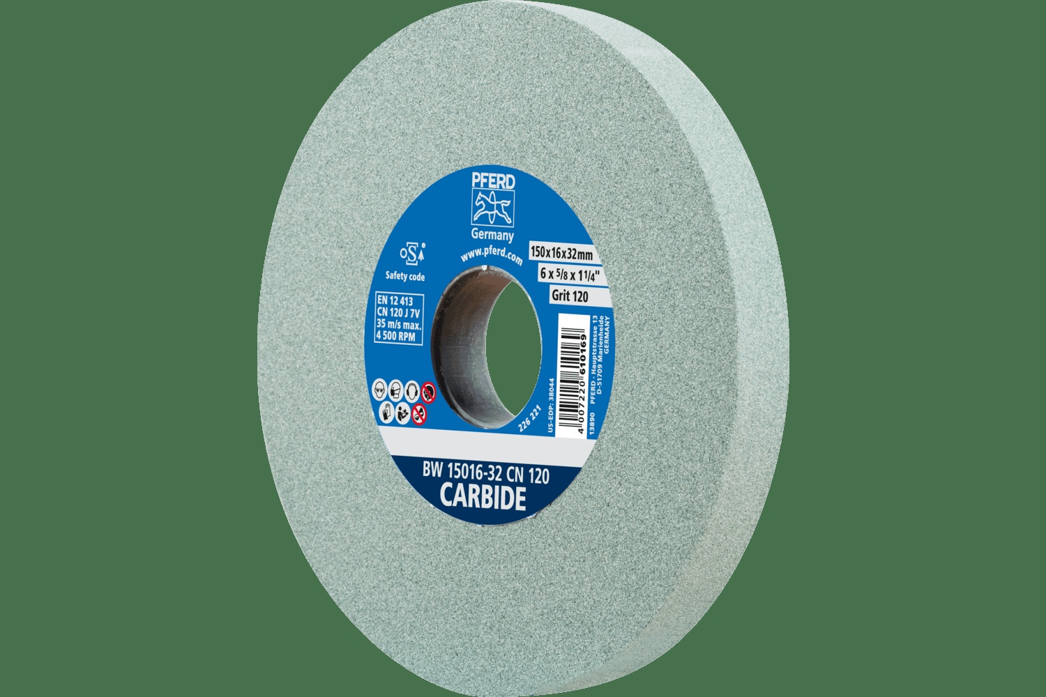 PFERD TOOLS Meule de touret vitrifiée, Carbure, 6" x 5/8 x 1-1/4, 120 Grain, SiC