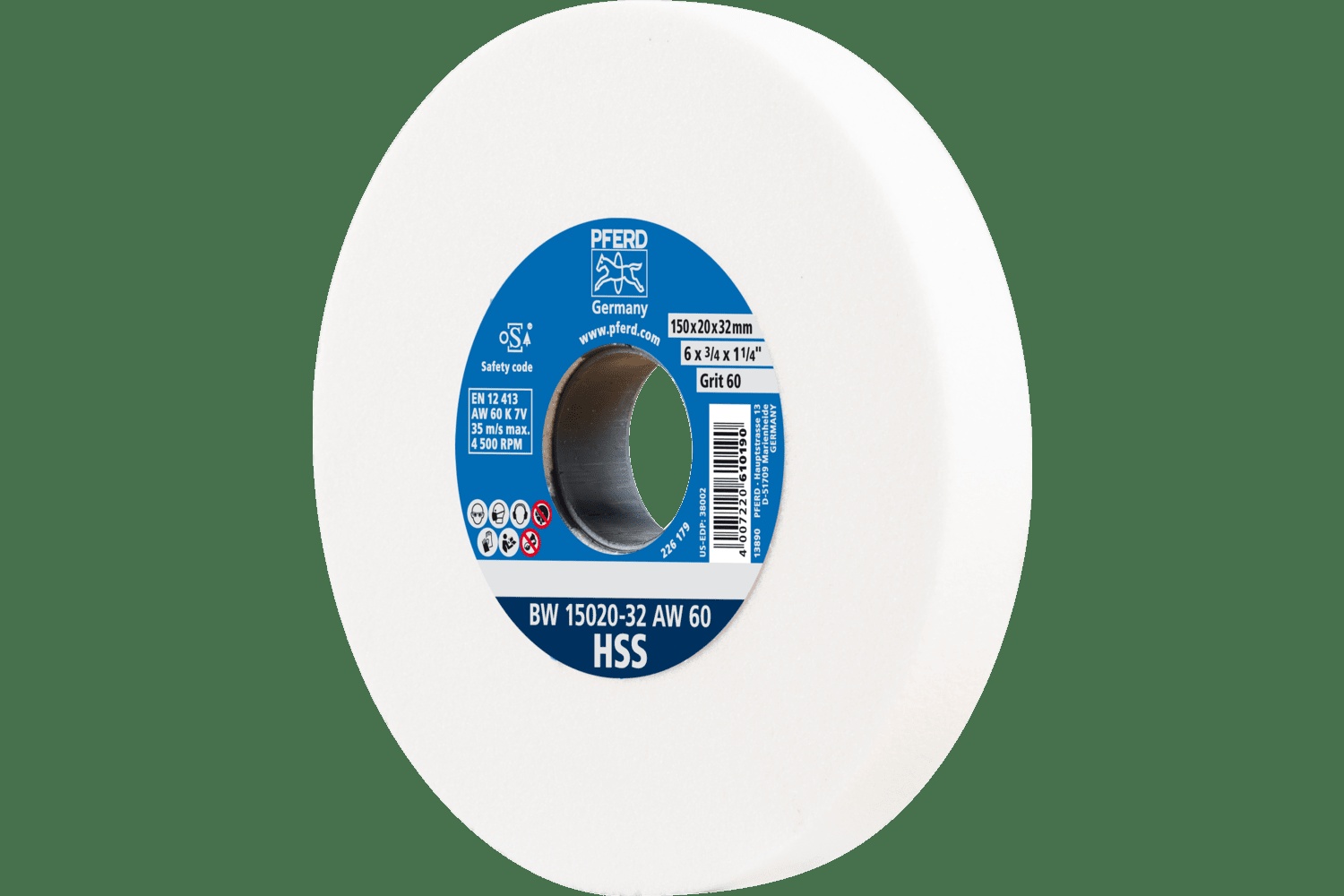 PFERD TOOLS Meule de touret vitrifiée, HSS, 6" x 3/4 x 1-1/4, 60 Grain, Oxyde d'aluminium