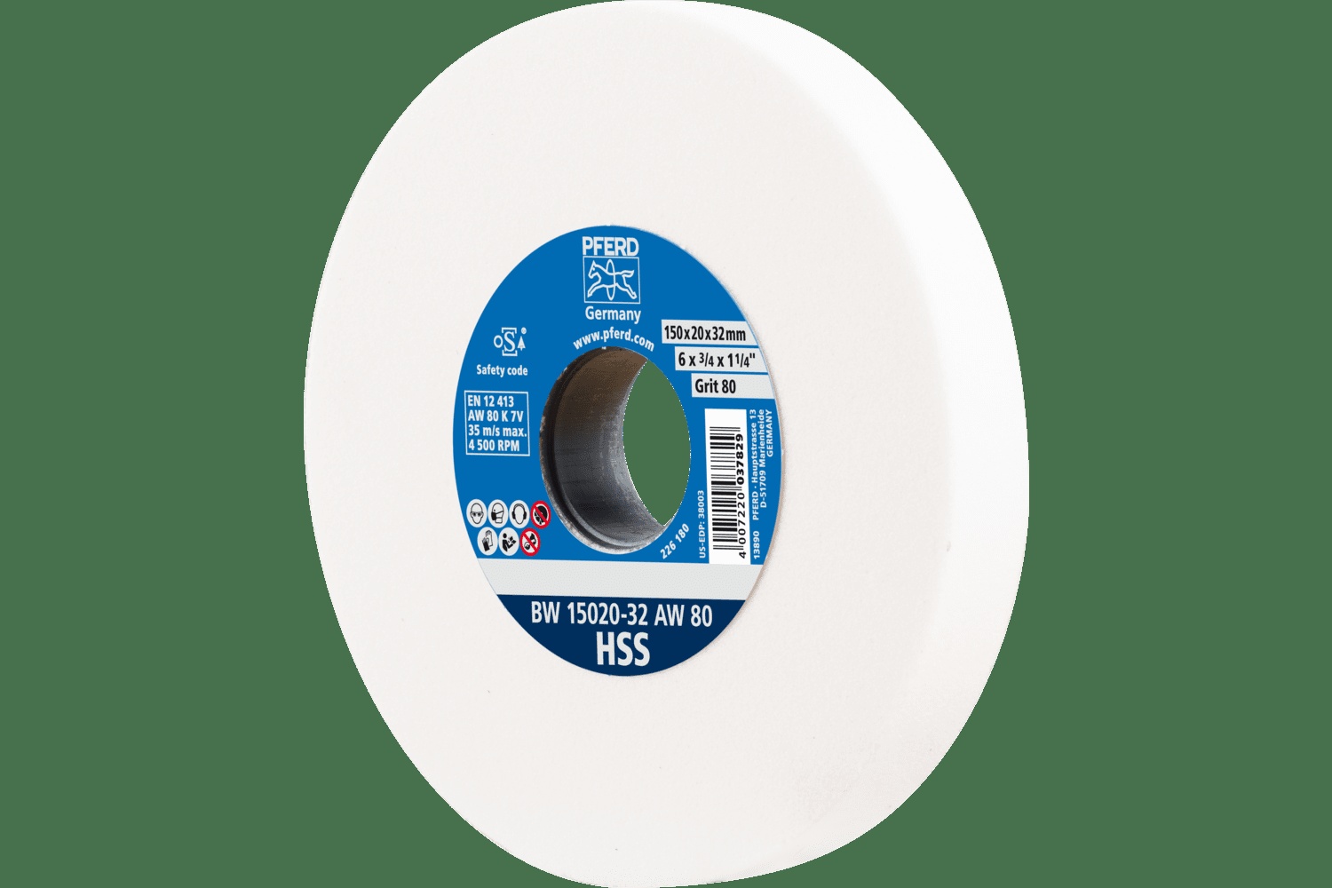 PFERD TOOLS Meule de touret vitrifiée, HSS, 6" x 3/4 x 1-1/4, 80 Grain, Oxyde d'aluminium