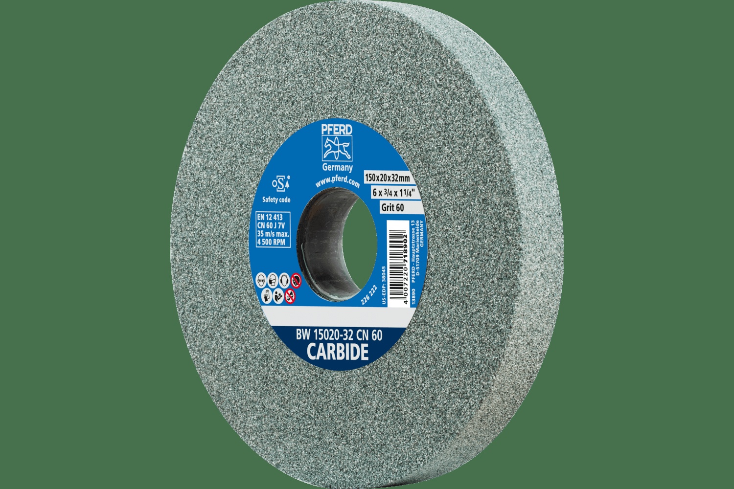 PFERD TOOLS Meule de touret vitrifiée, Carbure, 6" x 3/4 x 1-1/4, 60 Grain, Carbure de silicium