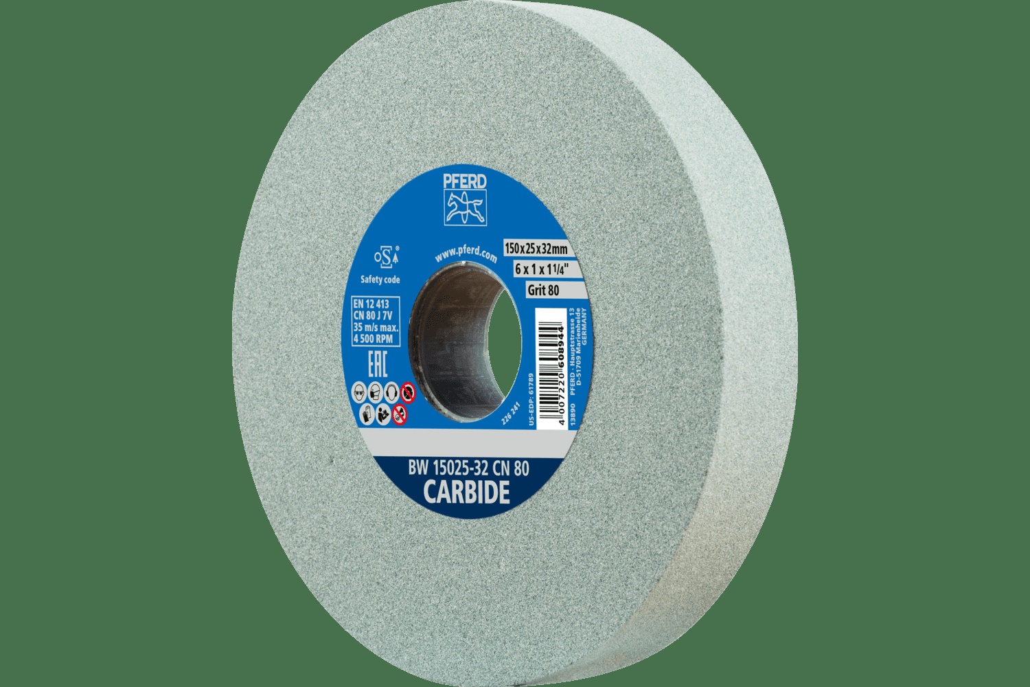 PFERD TOOLS Meule de touret vitrifiée, Carbure, 6" x 1 x 1-1/4, 80 Grain, Carbure de silicium