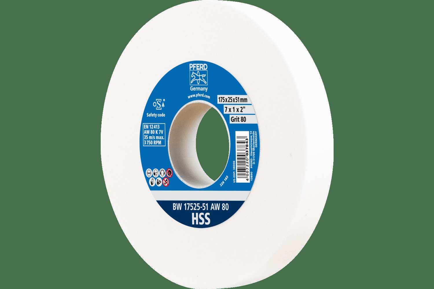 PFERD TOOLS Meule de touret vitrifiée, HSS, 7" x 1 x 2, 80 Grain, Oxyde d'aluminium