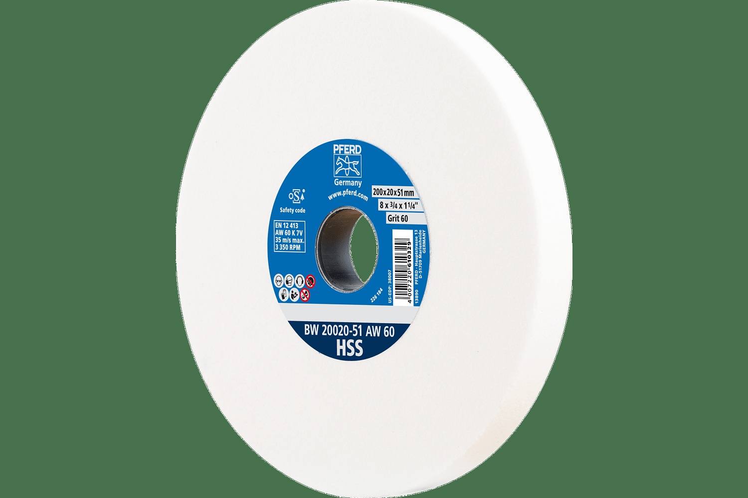 PFERD TOOLS Meule de touret vitrifiée, HSS, 8" x 3/4 x 2, 60 Grain, Oxyde d'aluminium