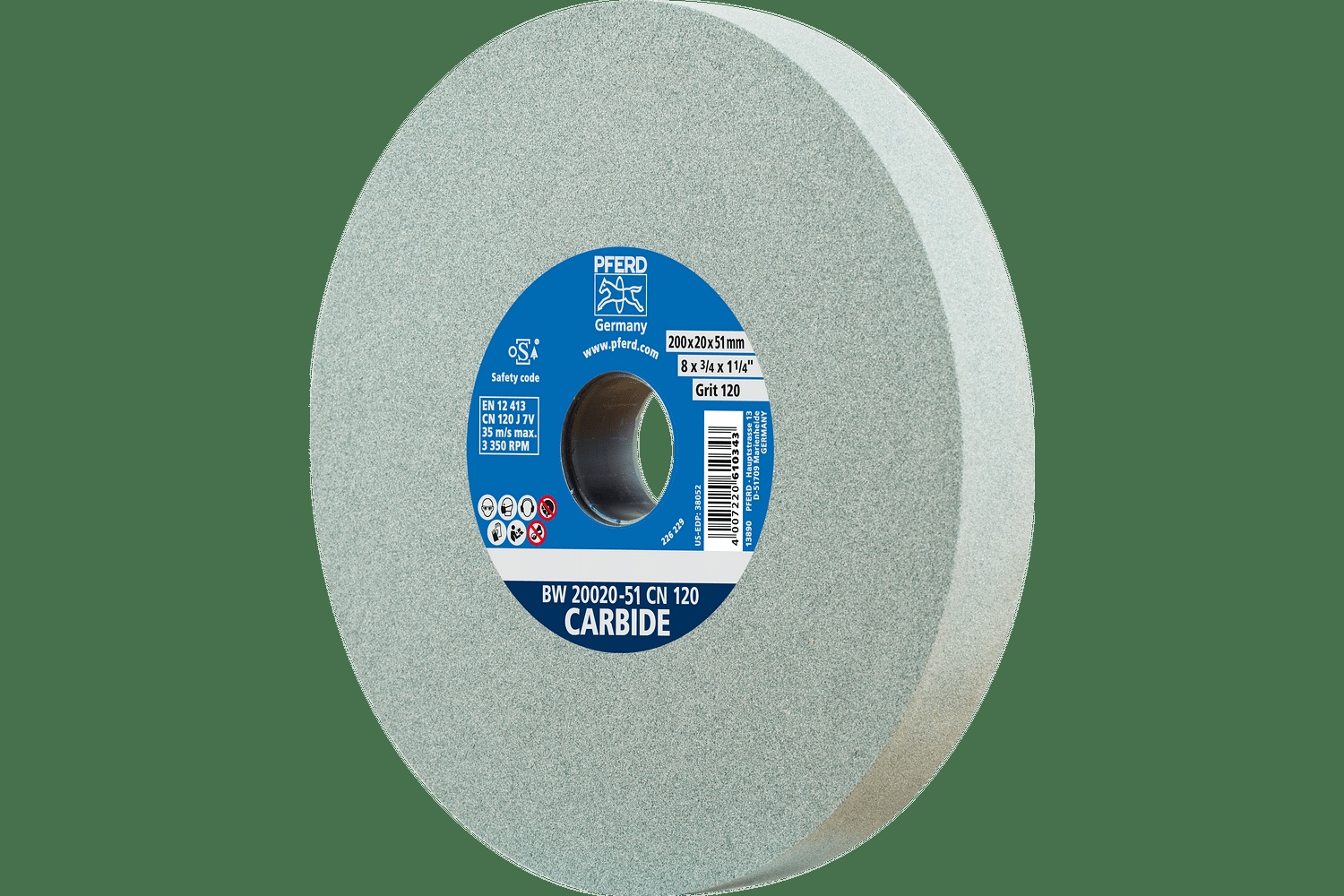 PFERD TOOLS Meule de touret vitrifiée, Carbure, 8" x 3/4 x 2, 120 Grain, Carbure de silicium