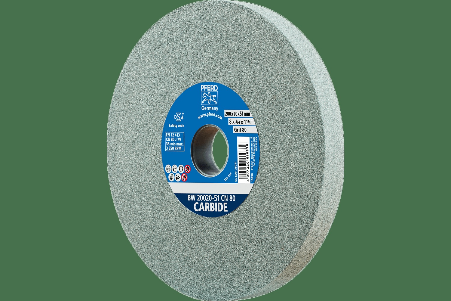 PFERD TOOLS Meule de touret vitrifiée, Carbure, 8" x 3/4 x 2, 80 Grain, Carbure de silicium